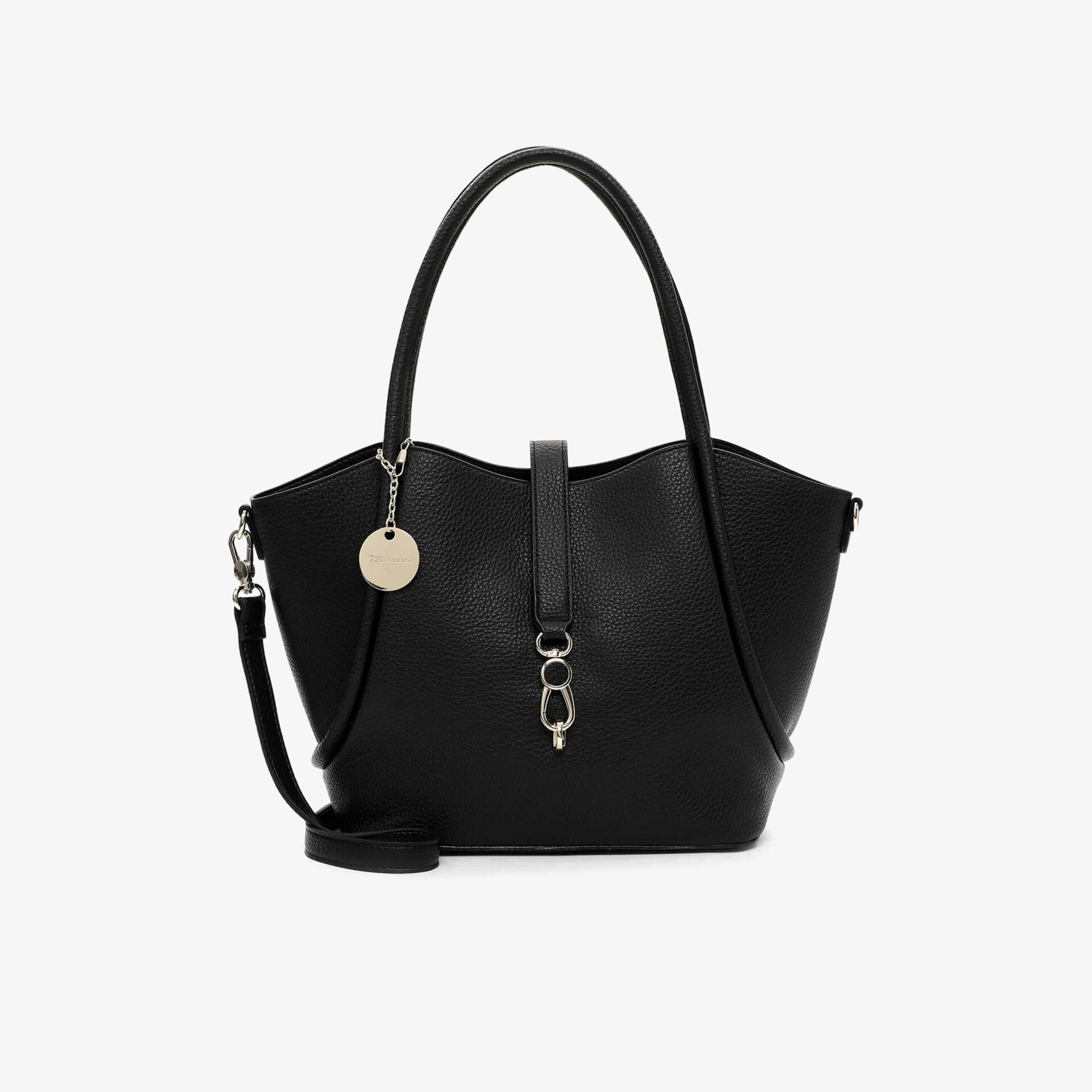 Elegante schwarze Handtasche mit strukturierter Oberfläche, Metallakzenten und komfortablen Trägern für vielseitigen Einsatz