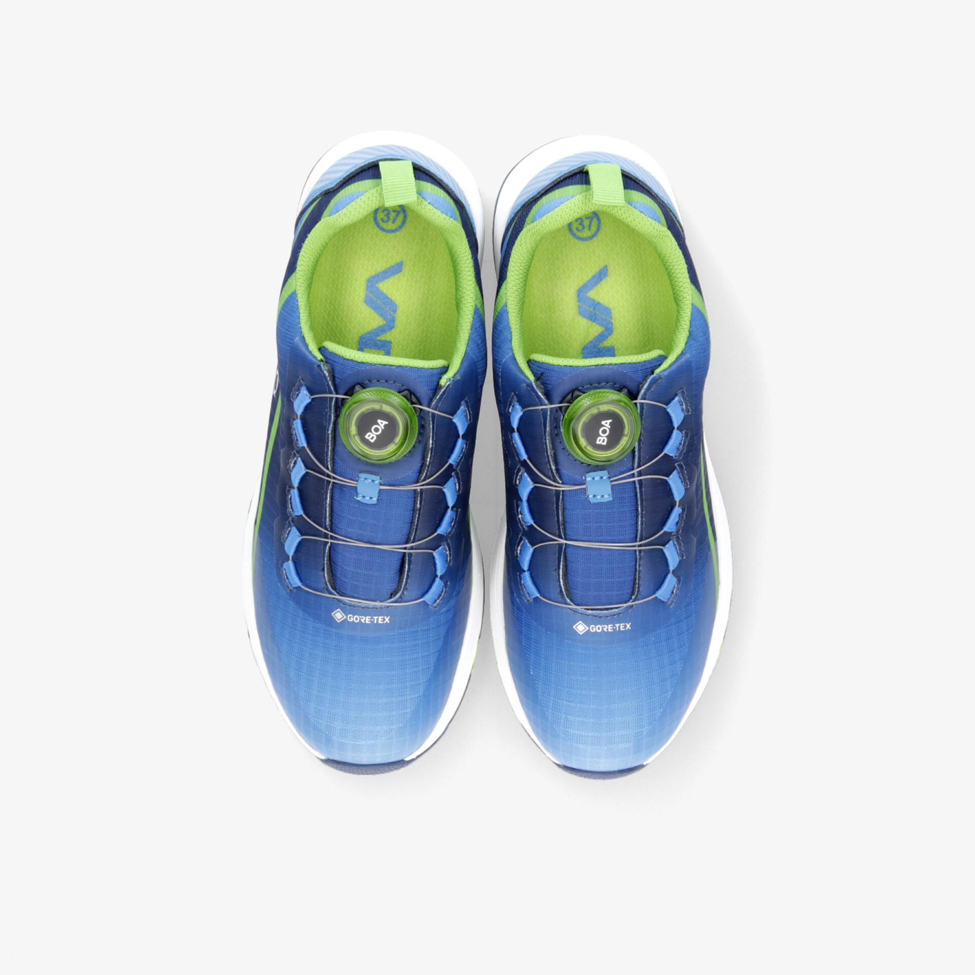 Bequeme, leichte Sportschuhe in Blau und Grün mit innovativem Schnürsystem und gepolstertem Innenfutter.