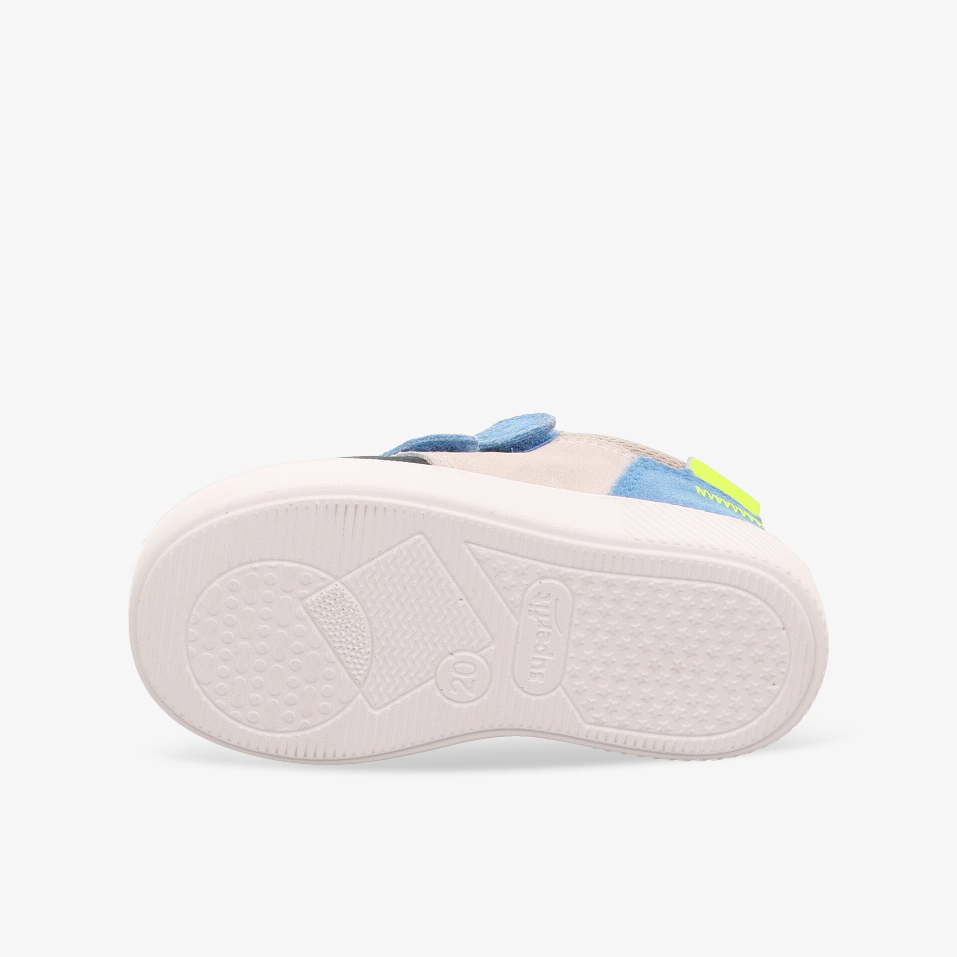 Weißer Schuh mit blauen und gelben Akzenten, rutschfeste flexible Sohle, bequemer Verschluss, sportliches Design