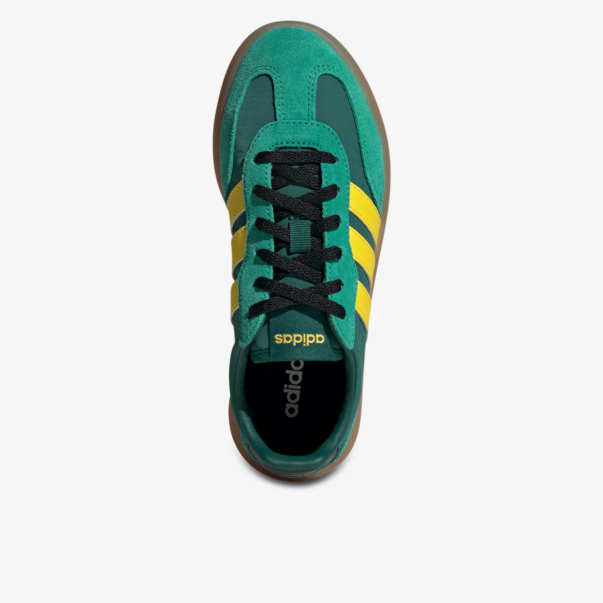 Sportlicher grüner Sneaker mit auffälligen gelben Streifen und bequemer Schnürung in Draufsicht