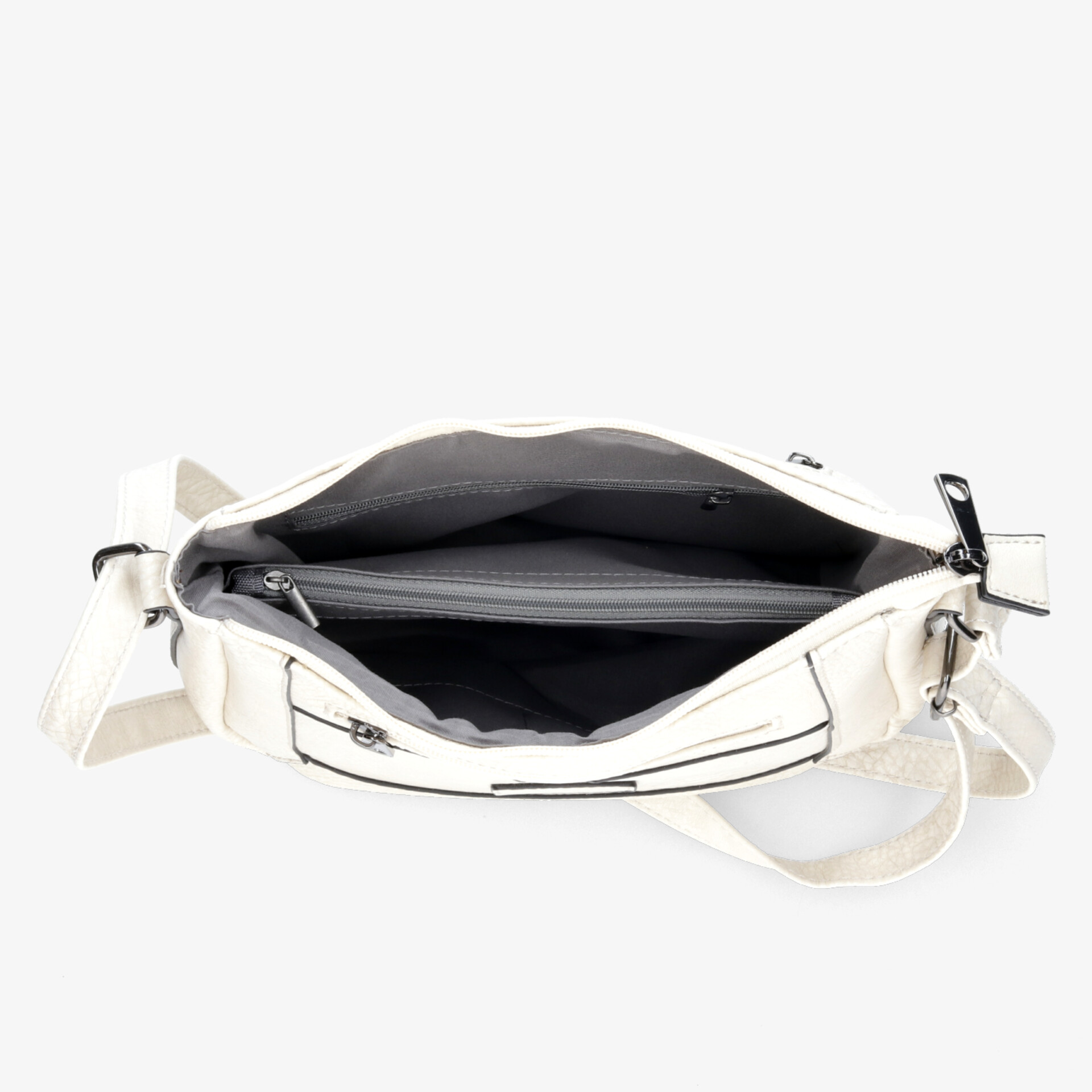 Offene weiße Tasche mit geräumigem Innenfach und Reißverschluss, gut strukturiert und leicht zugänglich