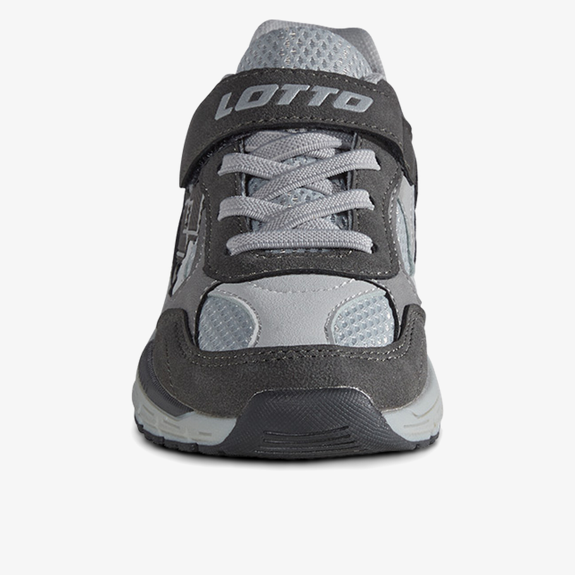 Moderner grauer Schuh mit Klettverschluss, bequemer Schnitt, rutschfeste Sohle und atmungsaktivem Material