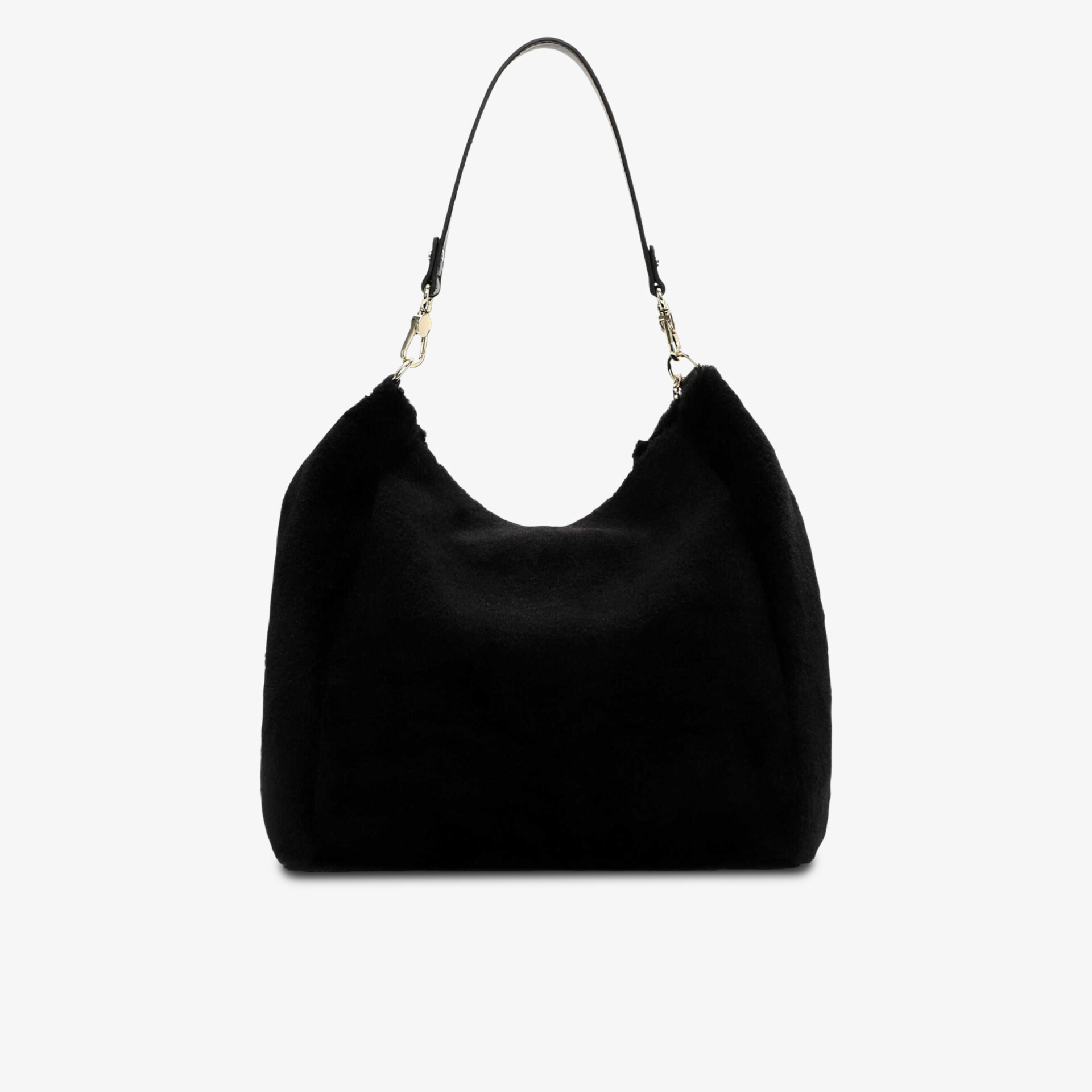 Schwarze Handtasche aus weichem Veloursleder mit großem Stauraum und stabilem Henkel, elegant und zeitlos