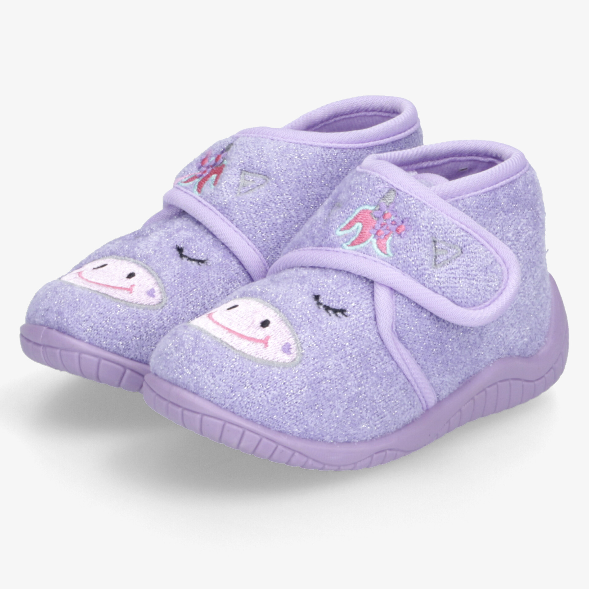 Bequeme lila Hausschuhe mit weichem Material und niedlichem Tiermotiv, einfacher Klettverschluss für leichten Einstieg