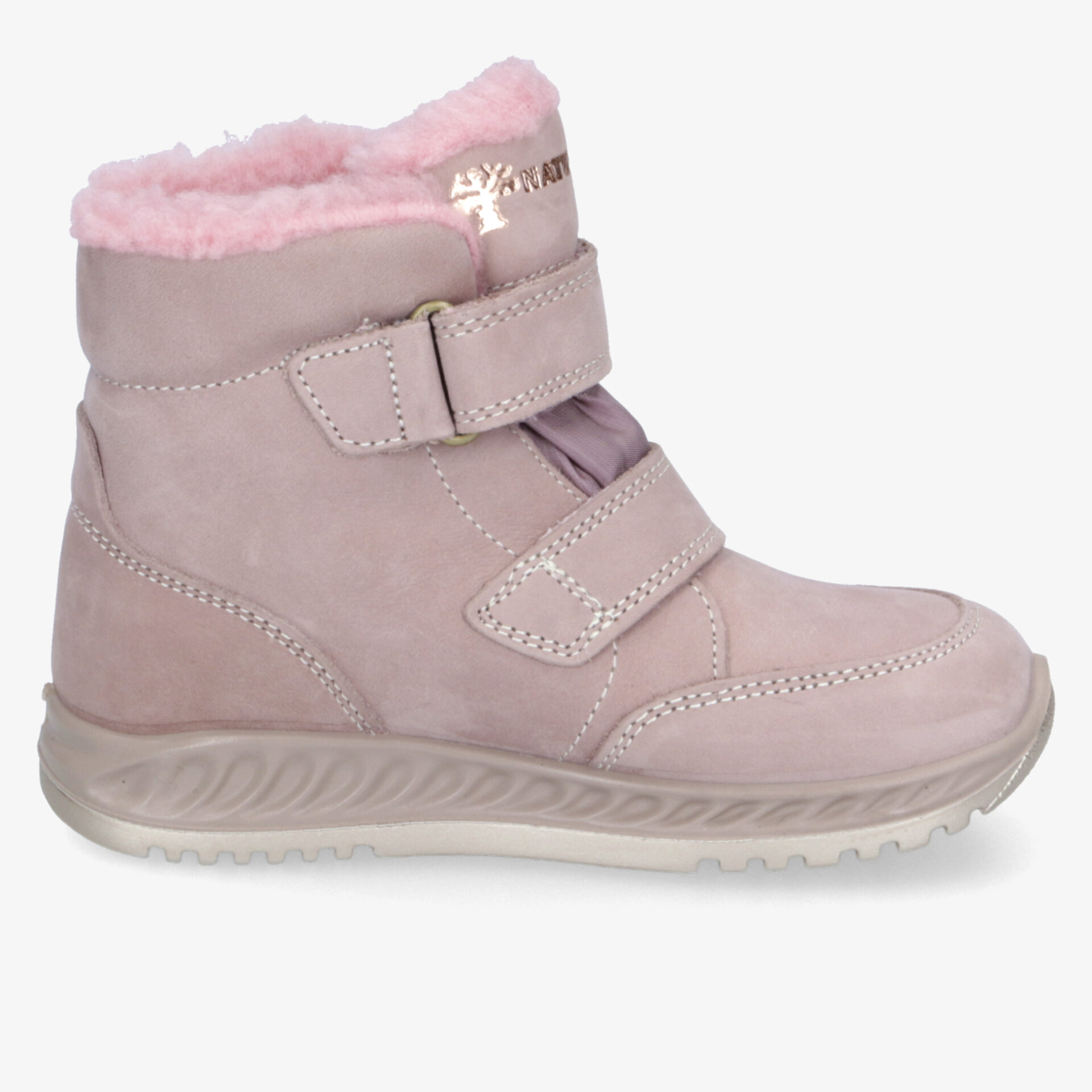 Rosafarbener Winterschuh mit warmer, flauschiger Fütterung und praktischen Klettverschlüssen
