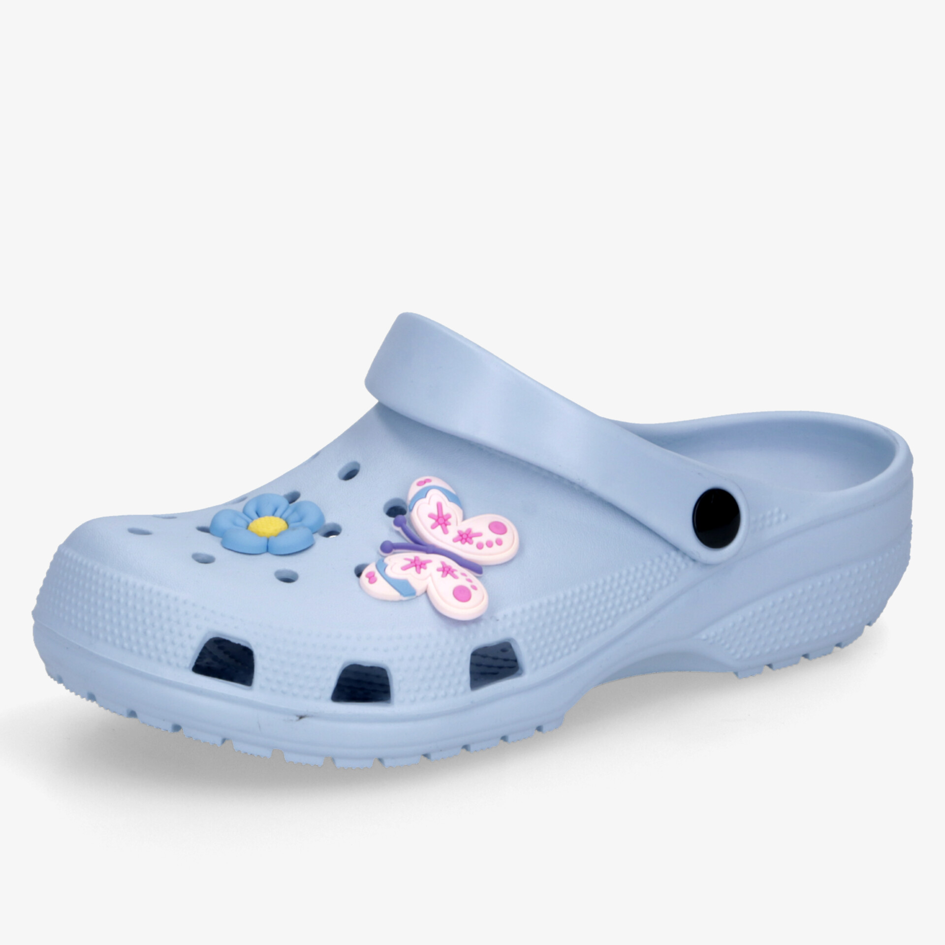 Blaue Clogs mit dekorativen Blüten und Schmetterlingen, ideal für Komfort und Alltag.