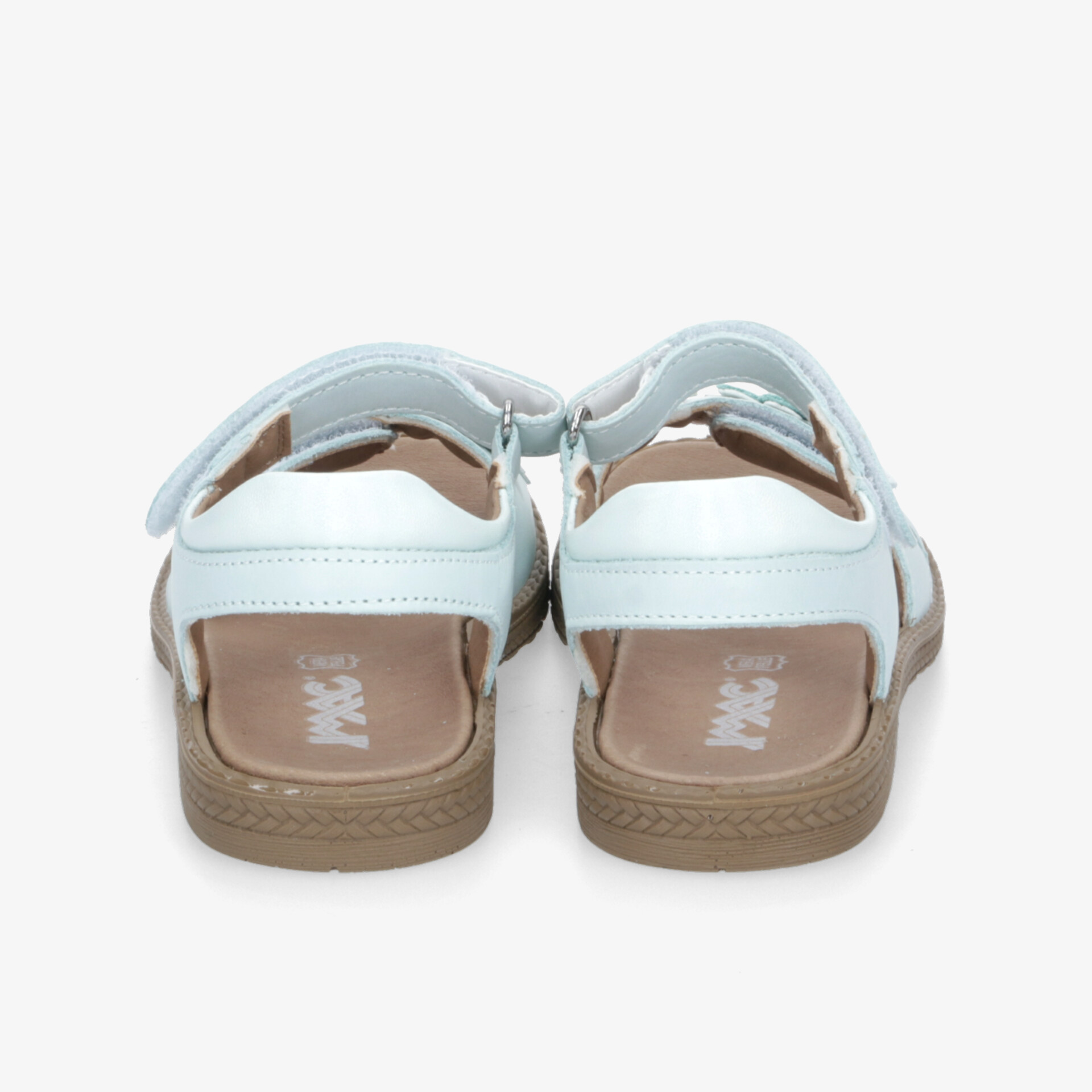 Paar weiße Sandalen in Rückenansicht mit verstellbarem Klettverschluss und komfortabler Sohle, ideal für Sommer