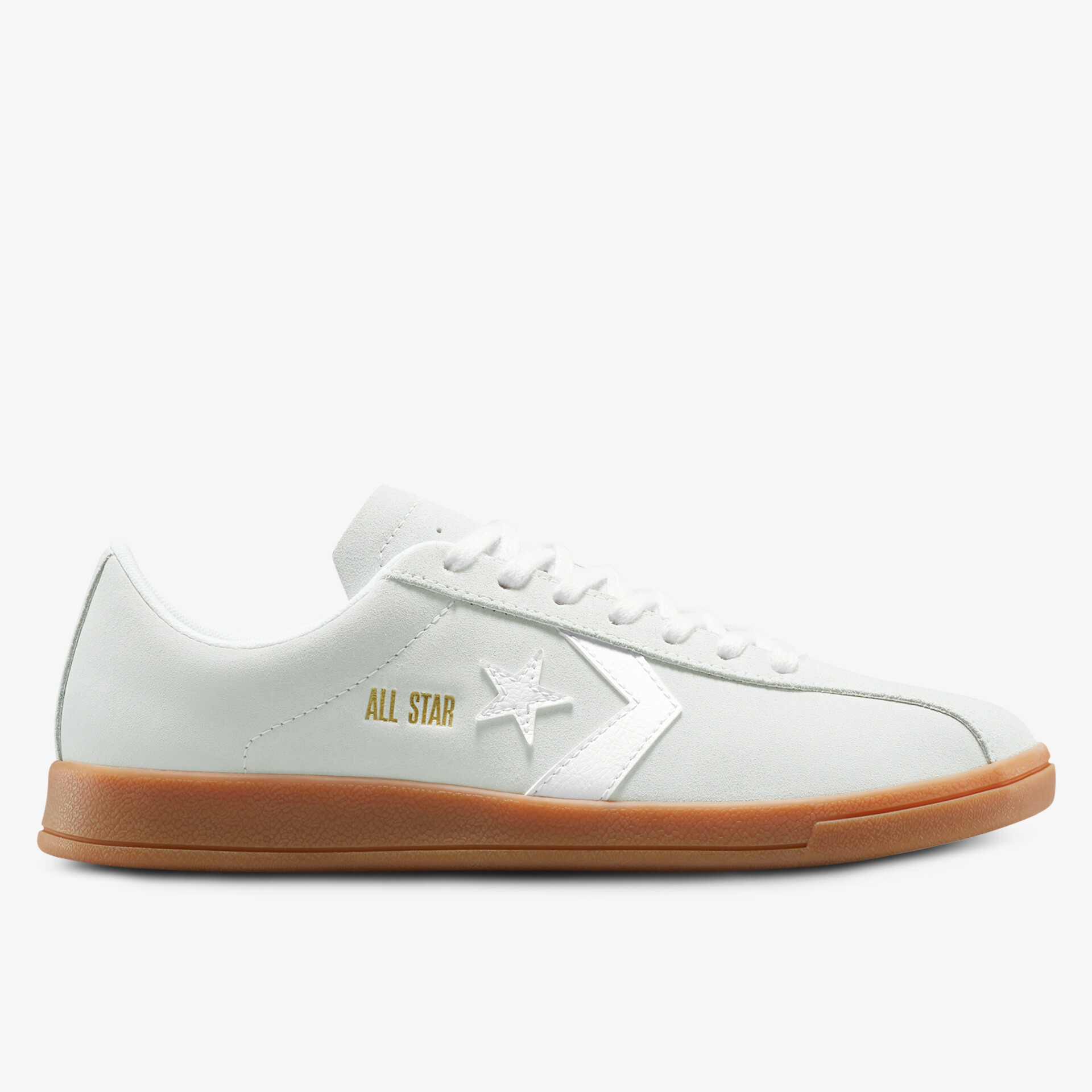 seitlich sichtbarer weißer Turnschuh mit brauner Gummisohle, minimalistisches Design, sportlich