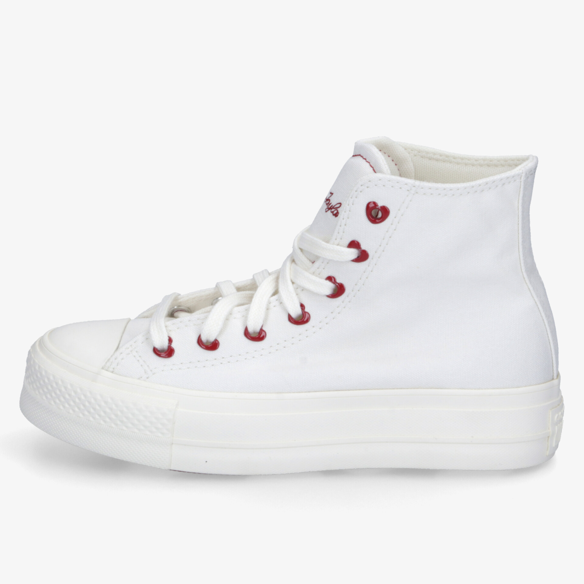 Moderner weißer High-Top Sneaker mit roten Details und bequemer Passform für einen lässigen Look.