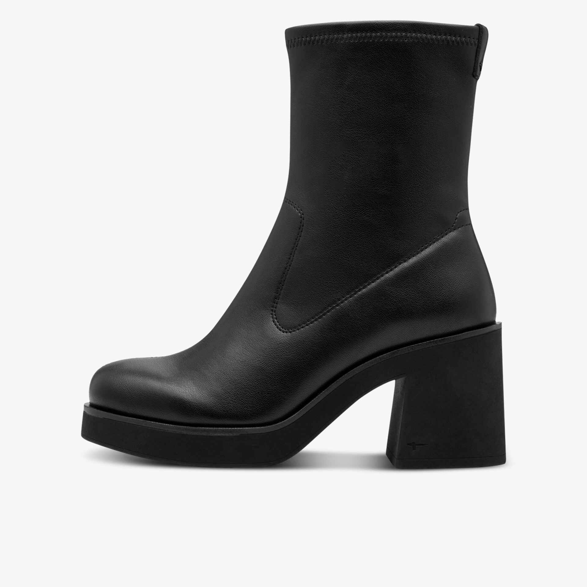 Schwarzer Stiefel mit bequemem Blockabsatz, glattem Leder und modernem, elegantem Design in Seitenansicht