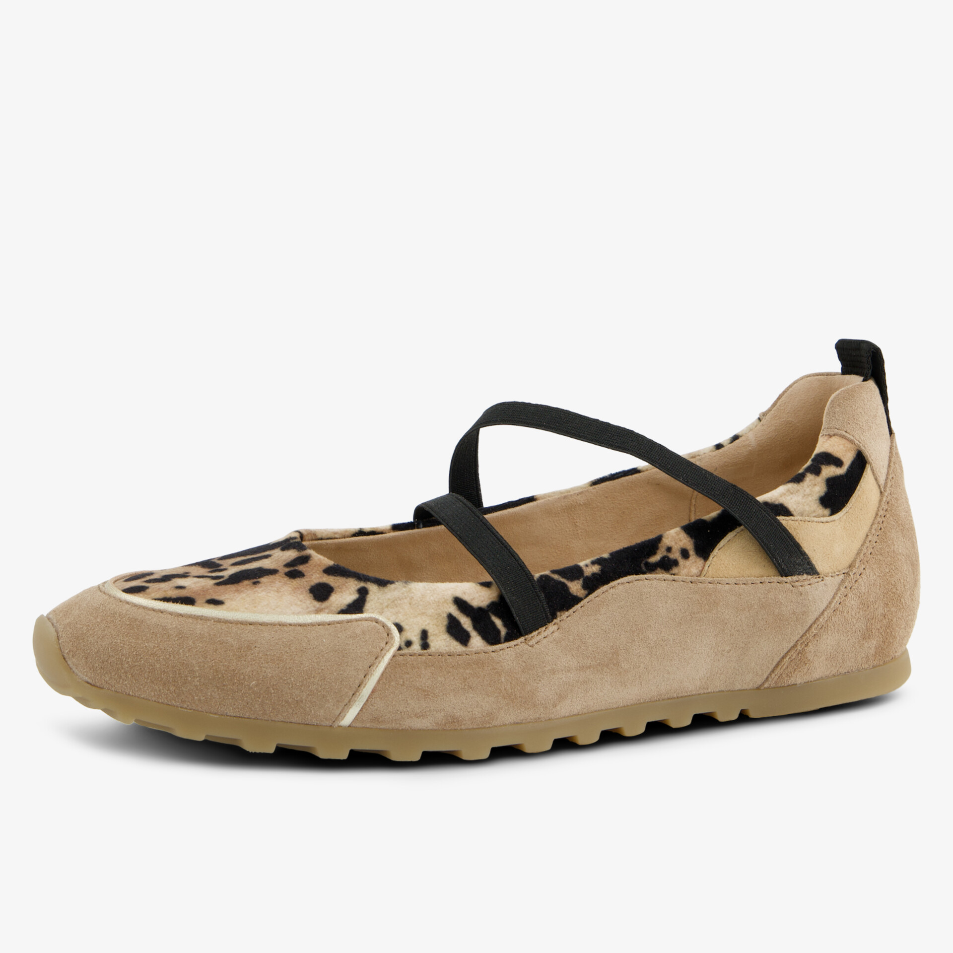 Bequeme Wildleder-Ballerina mit Leopardmuster und elastischen Riemchen, rutschfeste Gummisohle, modisches Design
