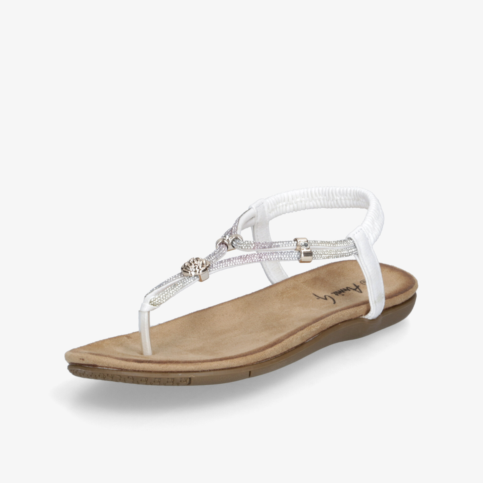 Leichte weiße Sandale mit verstellbarem Riemen, bequemer Sohle und dekorativem Schmuckdetail, ideal für warme Tage