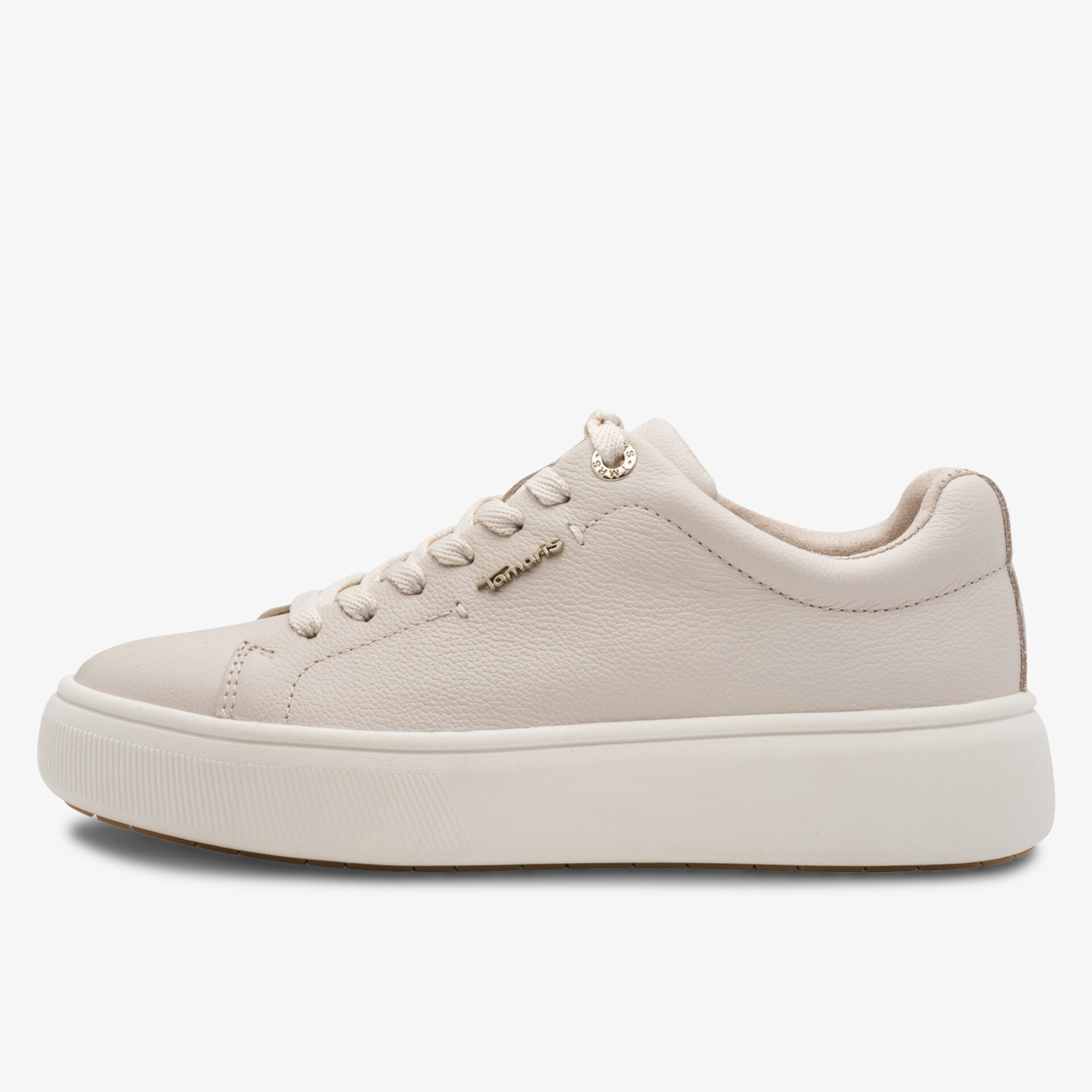 Seitliche Ansicht eines cremeweißen Sneakers mit minimalistischen Design und komfortabler Sohle