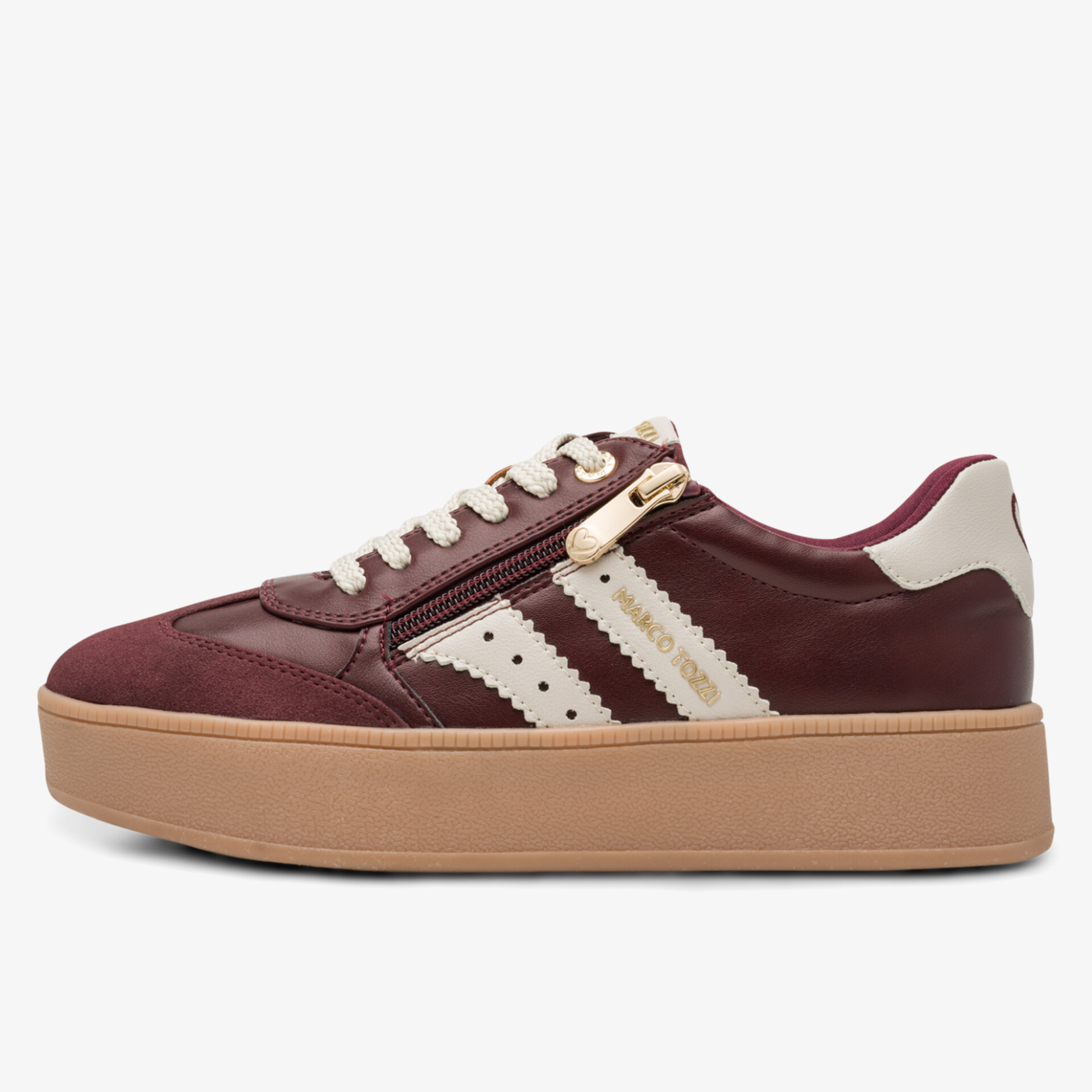 Seitliche Ansicht eines burgundy Sneakers mit Reißverschluss und bequemer Plateausohle für modischen Komfort