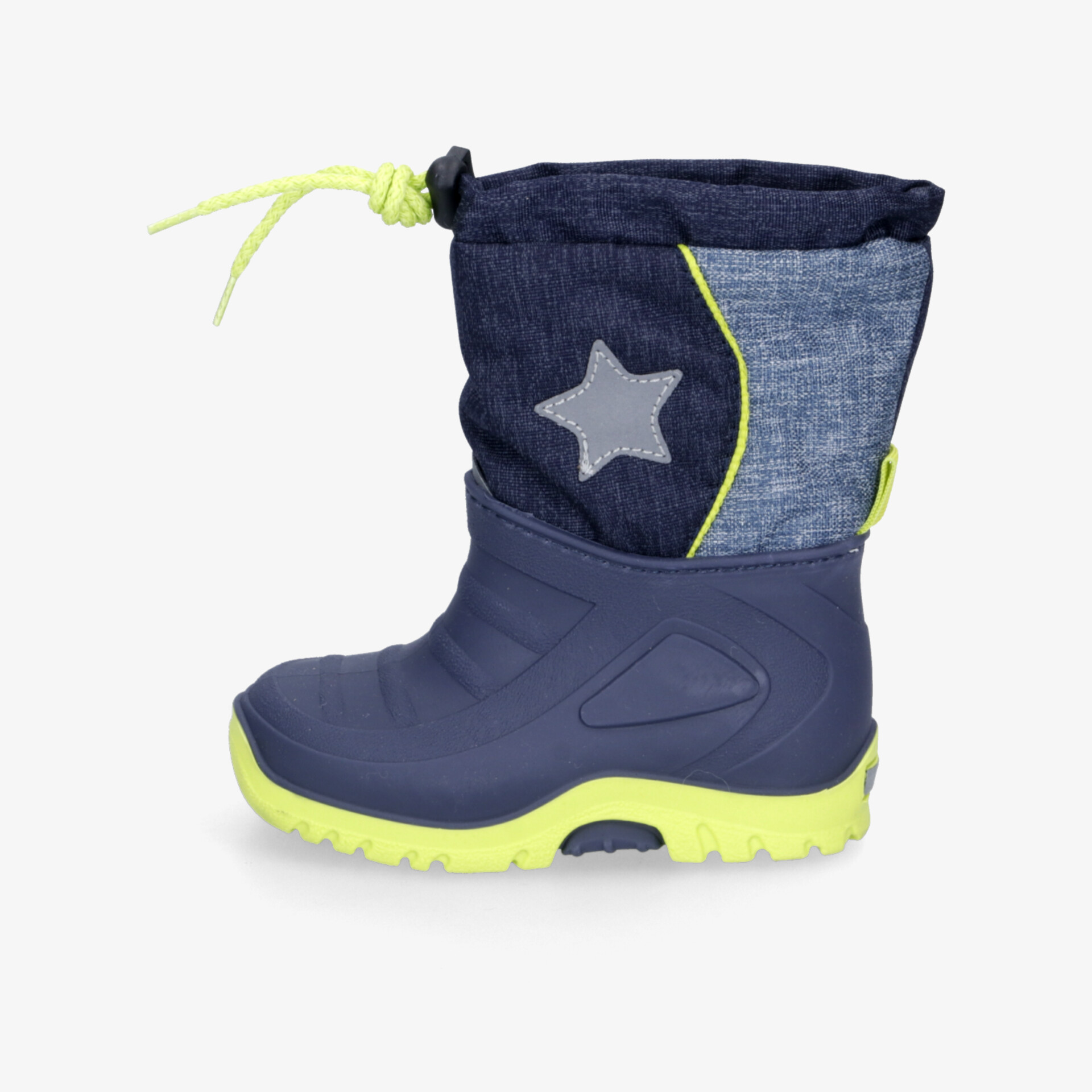 Robuster Kinder-Winterstiefel mit warmem Innenfutter, reflektierendem Stern und rutschfester Sohle in Blau und Gelb