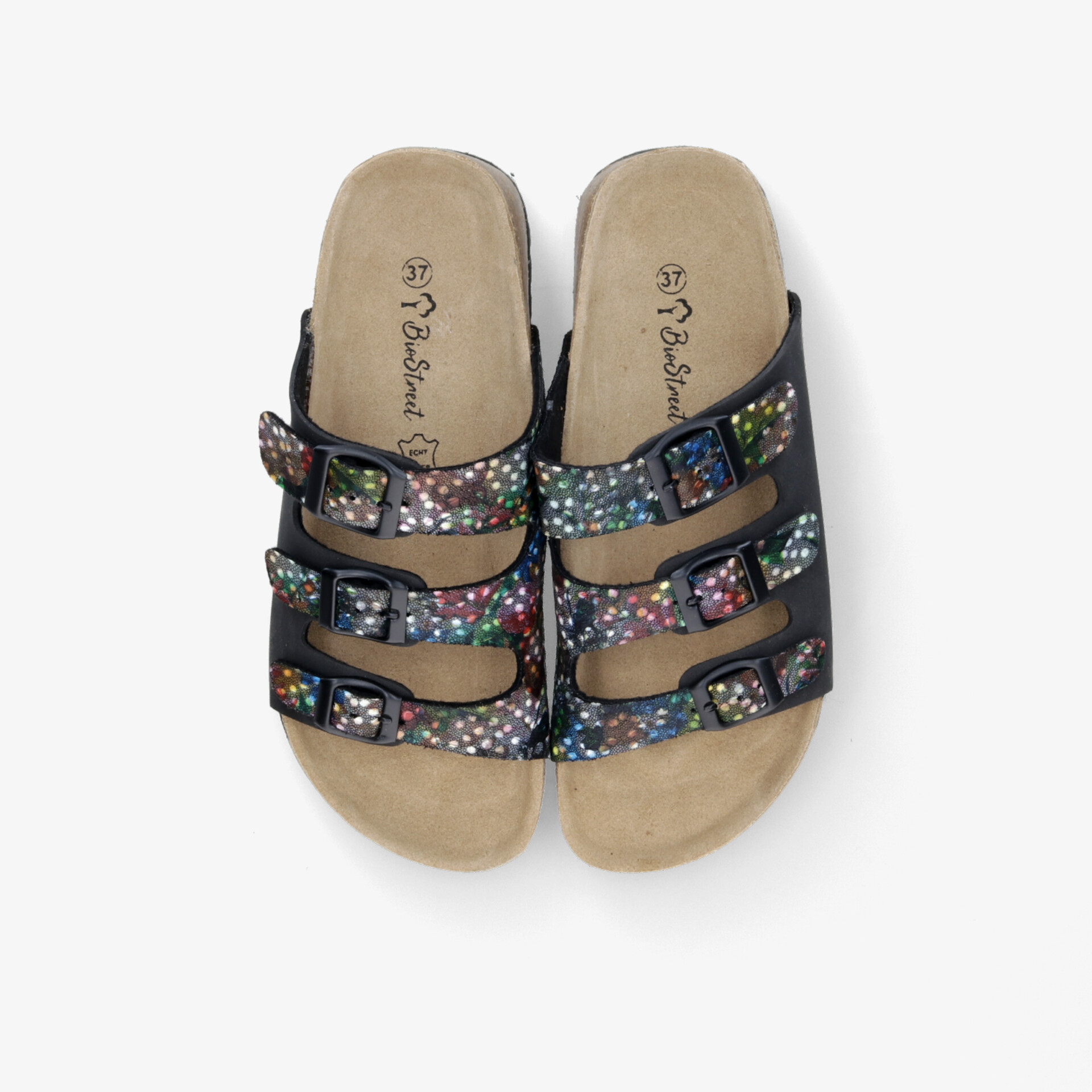 Bequeme Sandalen mit gepolsterter Innensohle und verstellbaren Riemen, bunt gemustert und rutschfest