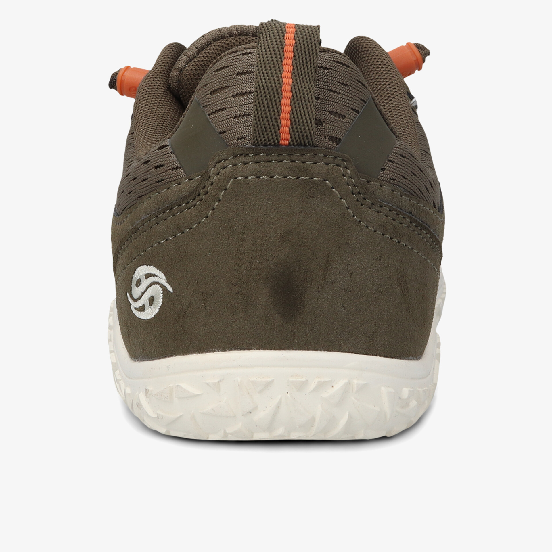 Rückansicht eines robusten Schuhs mit rutschfester weißer Sohle und bequemem Design