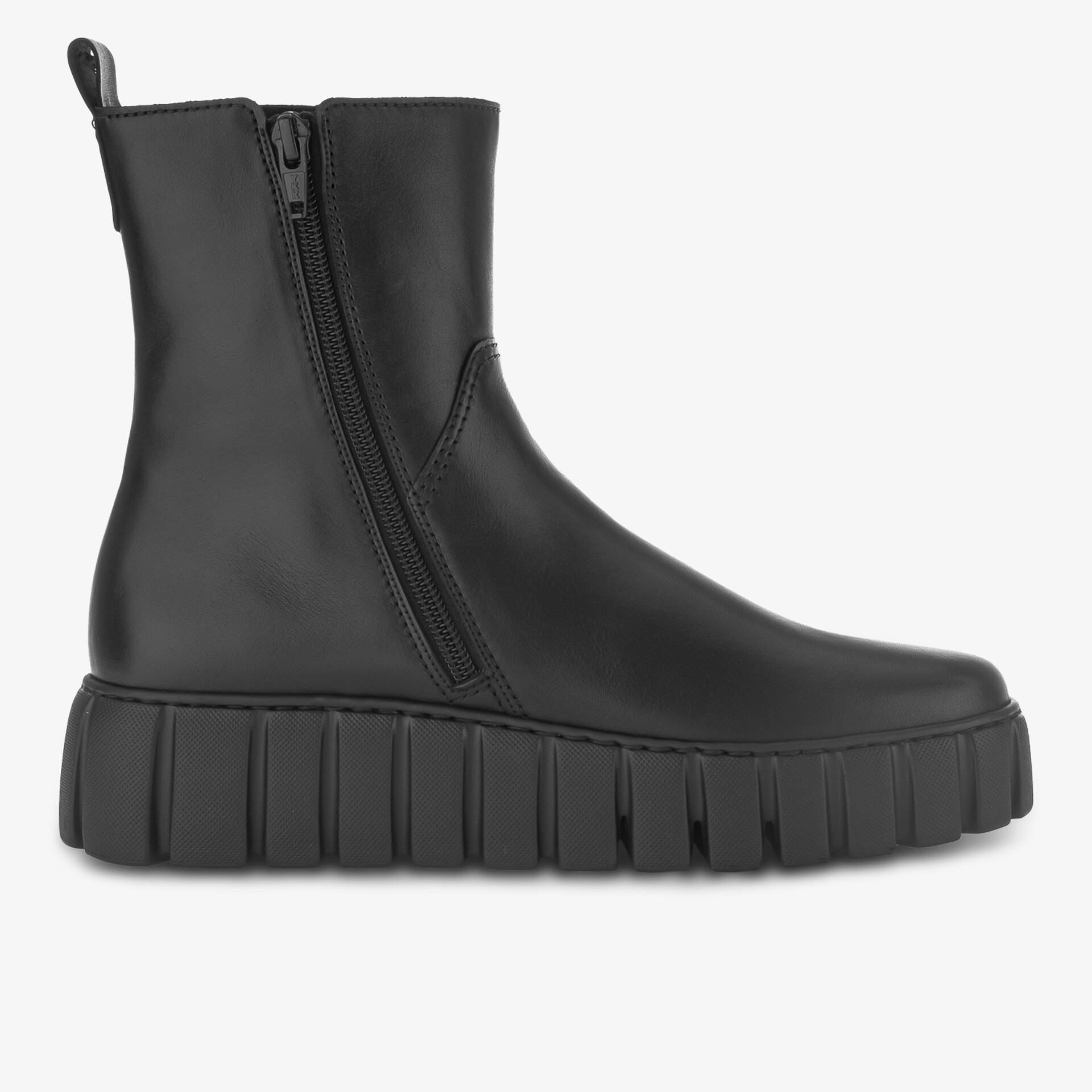 seitlich sichtbarer schwarzer Stiefel mit robustem Reißverschluss und profilierter dämpfender Sohle