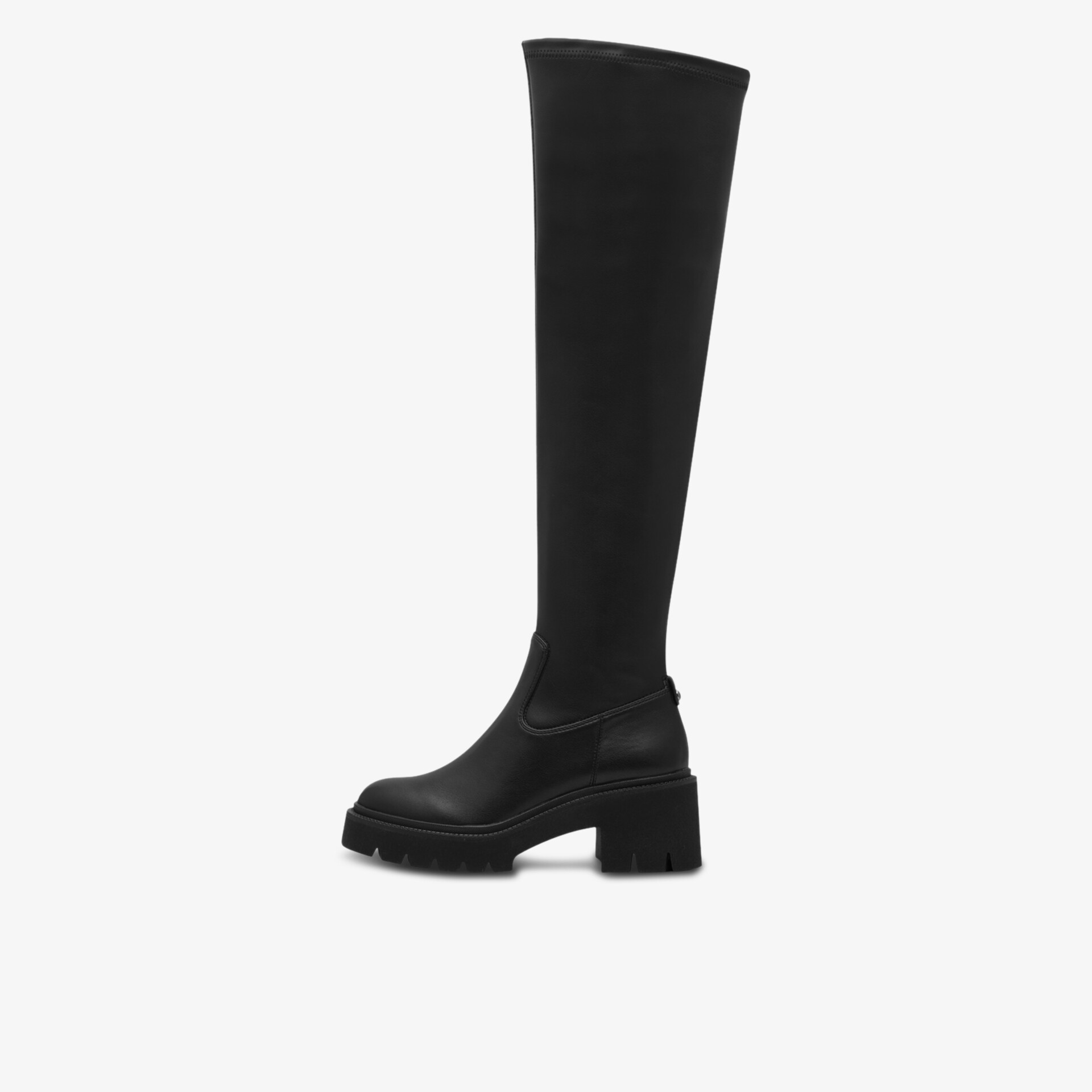 Schwarzer kniehoher Stiefel mit dickem Absatz und elegantem Stil für modische Outfits