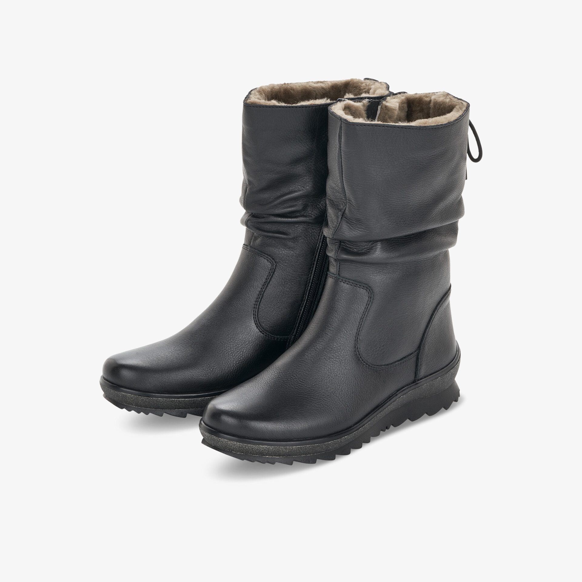Robuste schwarze Winterschuhe mit kuscheliger Innenfütterung und rutschfester Sohle im Paar abgebildet