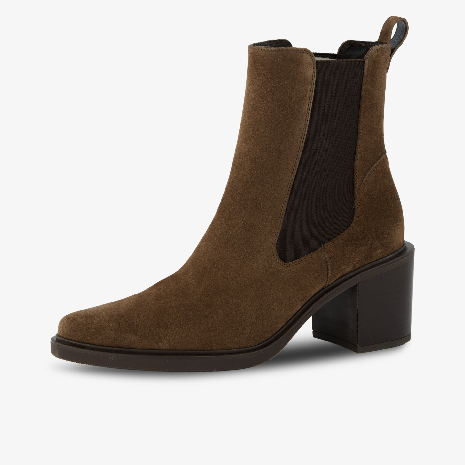 Brauner Chelsea Stiefel aus Wildleder mit mittelhohem Blockabsatz und elastischem seitlichen Einsatz