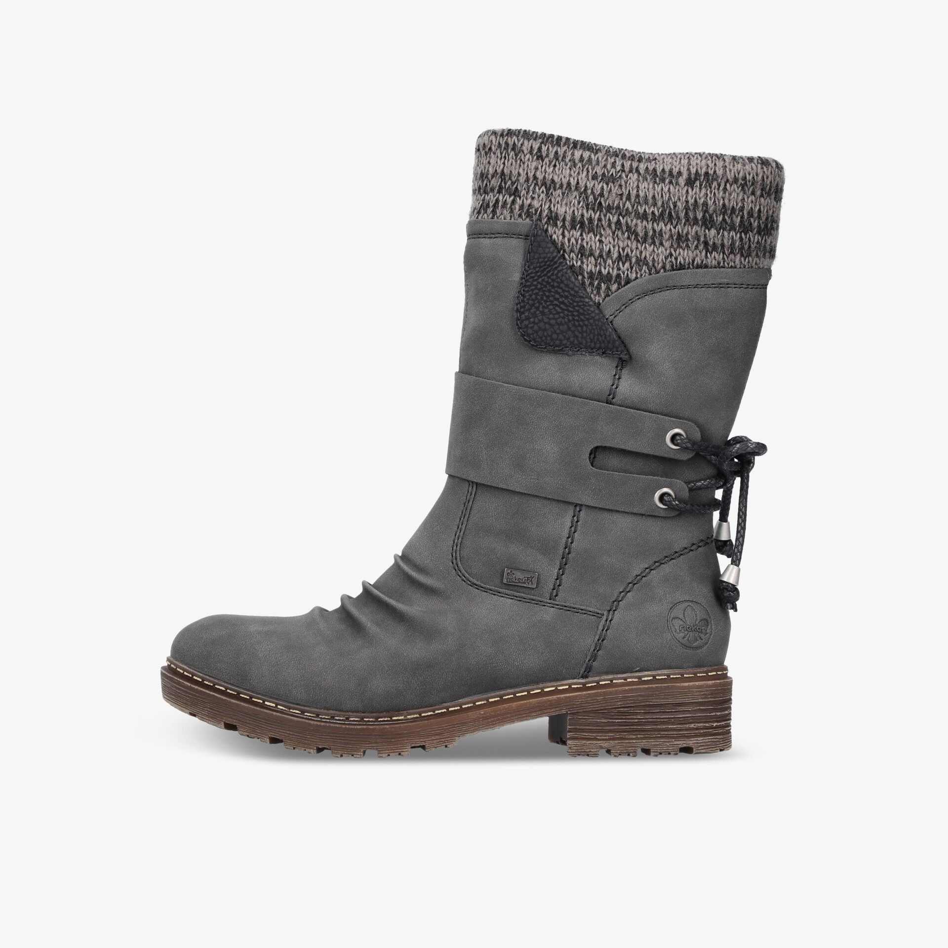 Grauer winterfester Stiefel mit hohem Schaft, bequemer Absatz, robuster Qualität und Schnürung hinten, seitliche Ansicht
