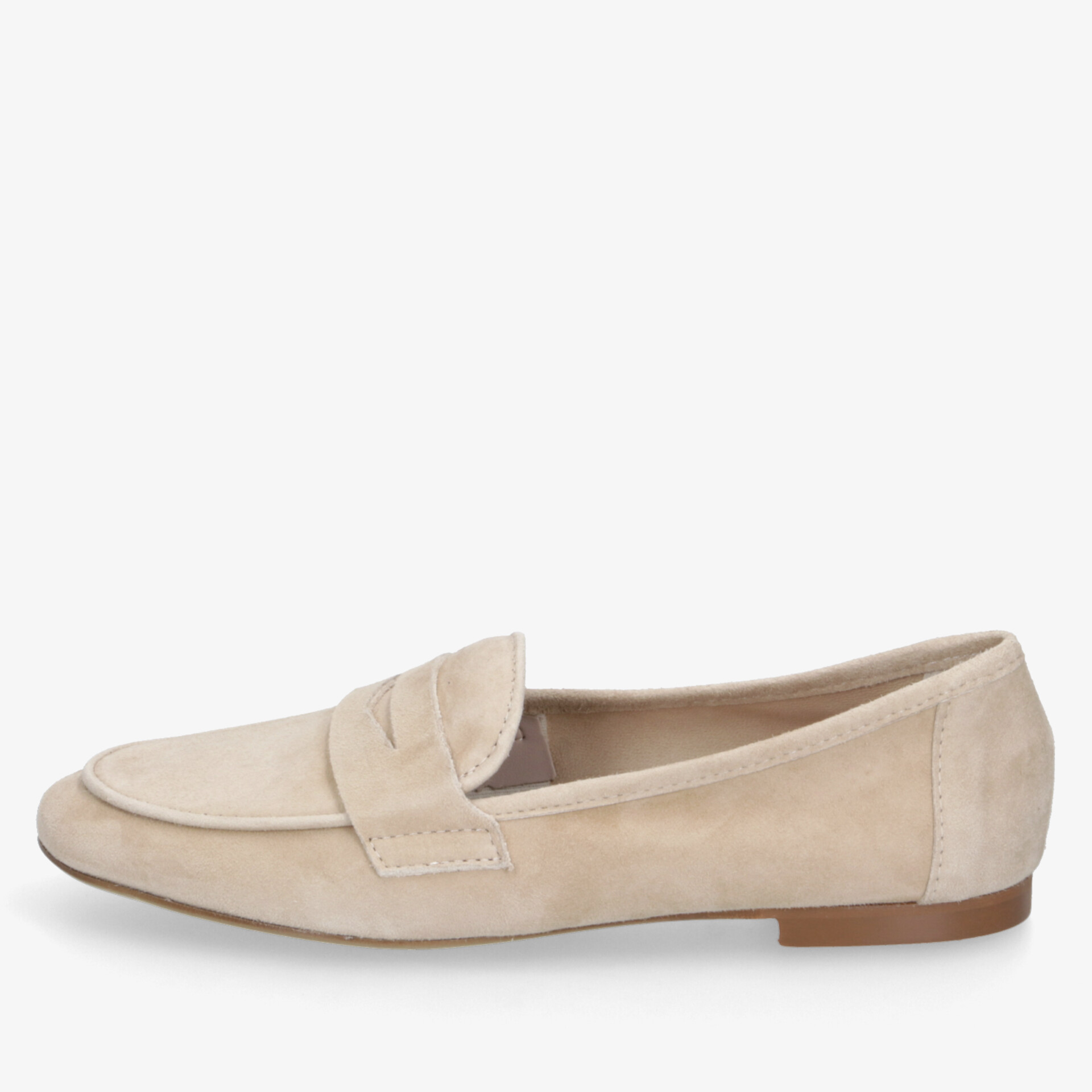 Eleganter beiger Veloursleder-Loafer in seitlicher Ansicht, flach und bequem für stilvollen Alltag