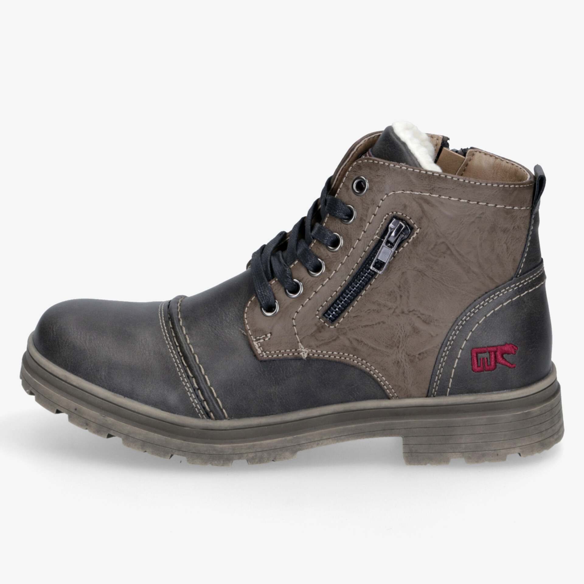 Robuste Stiefelette seitliche Ansicht mit Schnürsenkel und praktischem Reißverschluss, langlebige Profilsohle