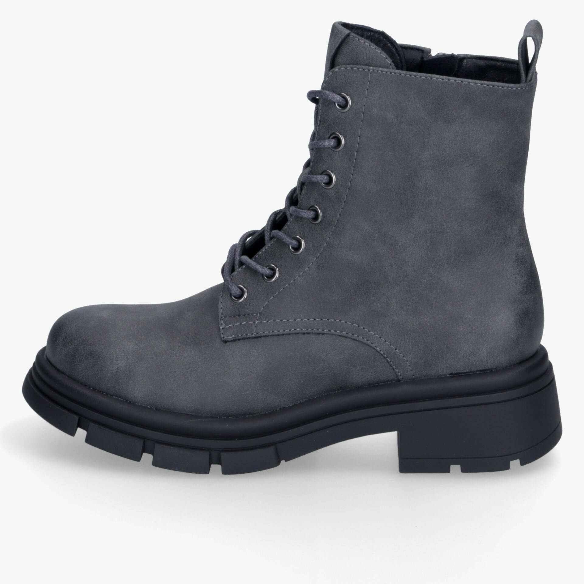 Graue Schnürstiefel mit robuster Sohle, ideal für Komfort und Stil im Alltag.