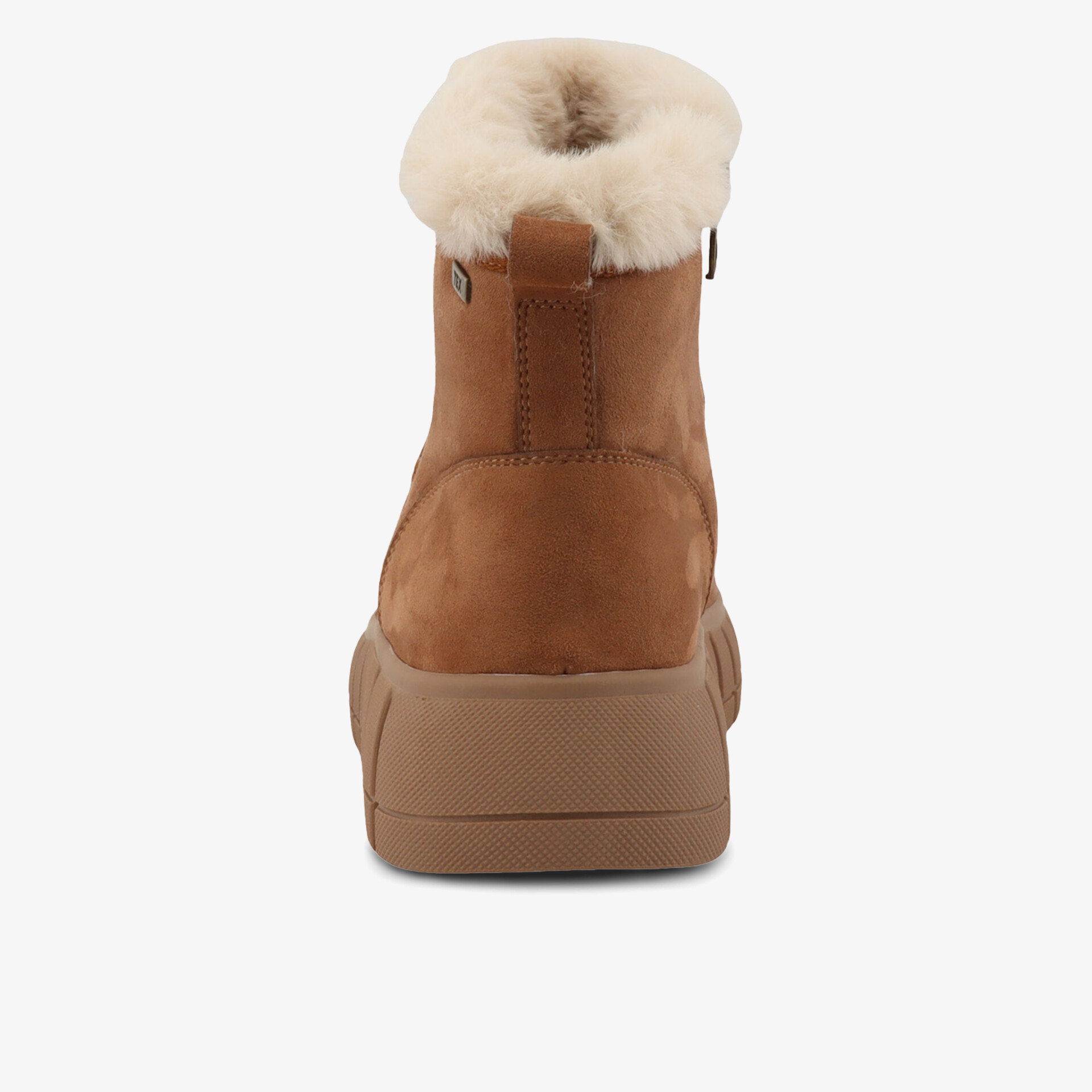 warmer Winterstiefel in braun mit weichem, hellem Fellfutter und robuster Sohle, Rückansicht