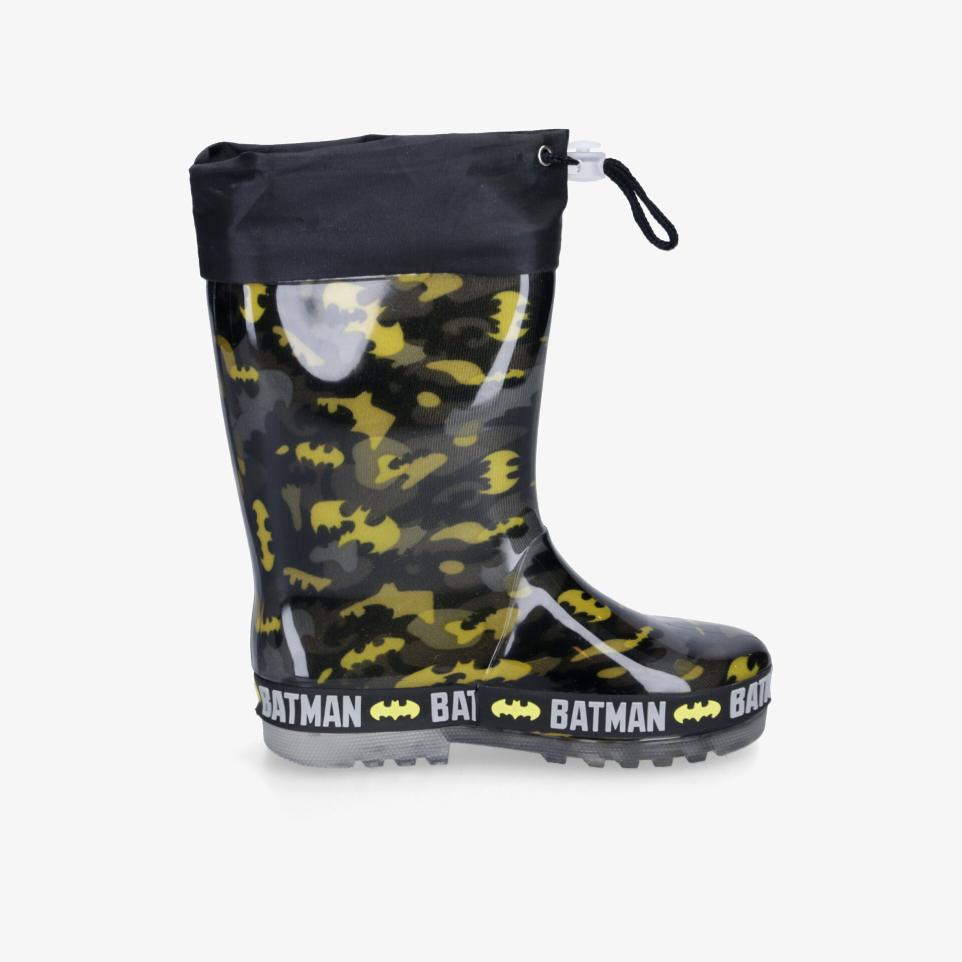 Robuster schwarzer und gelber Gummistiefel mit wetterfester, rutschfester Sohle und markantem Batman-Design