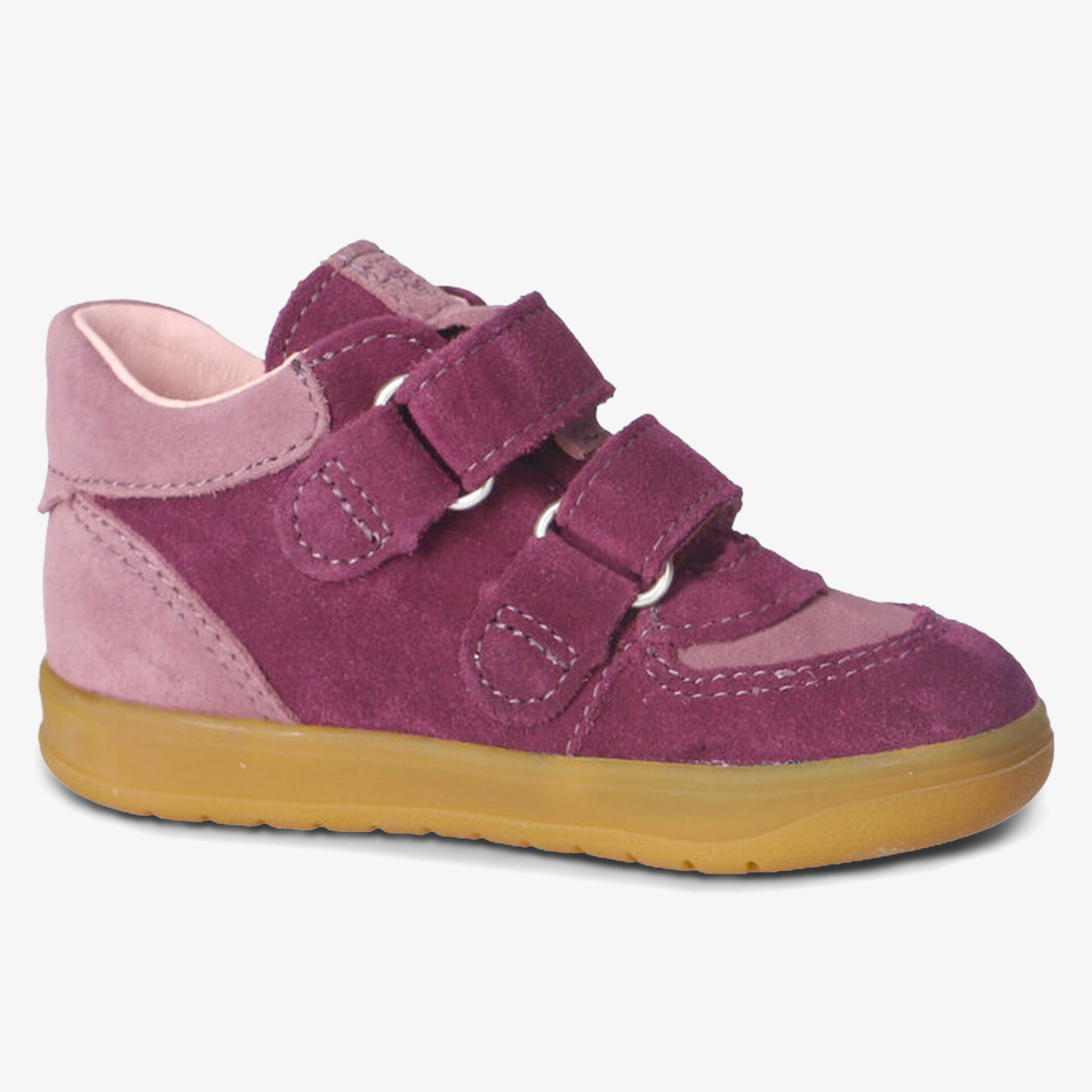 Seitliche Ansicht eines zweifarbigen Velourslederschuhs mit doppelt klettverschluss und flexibler Gummisohle