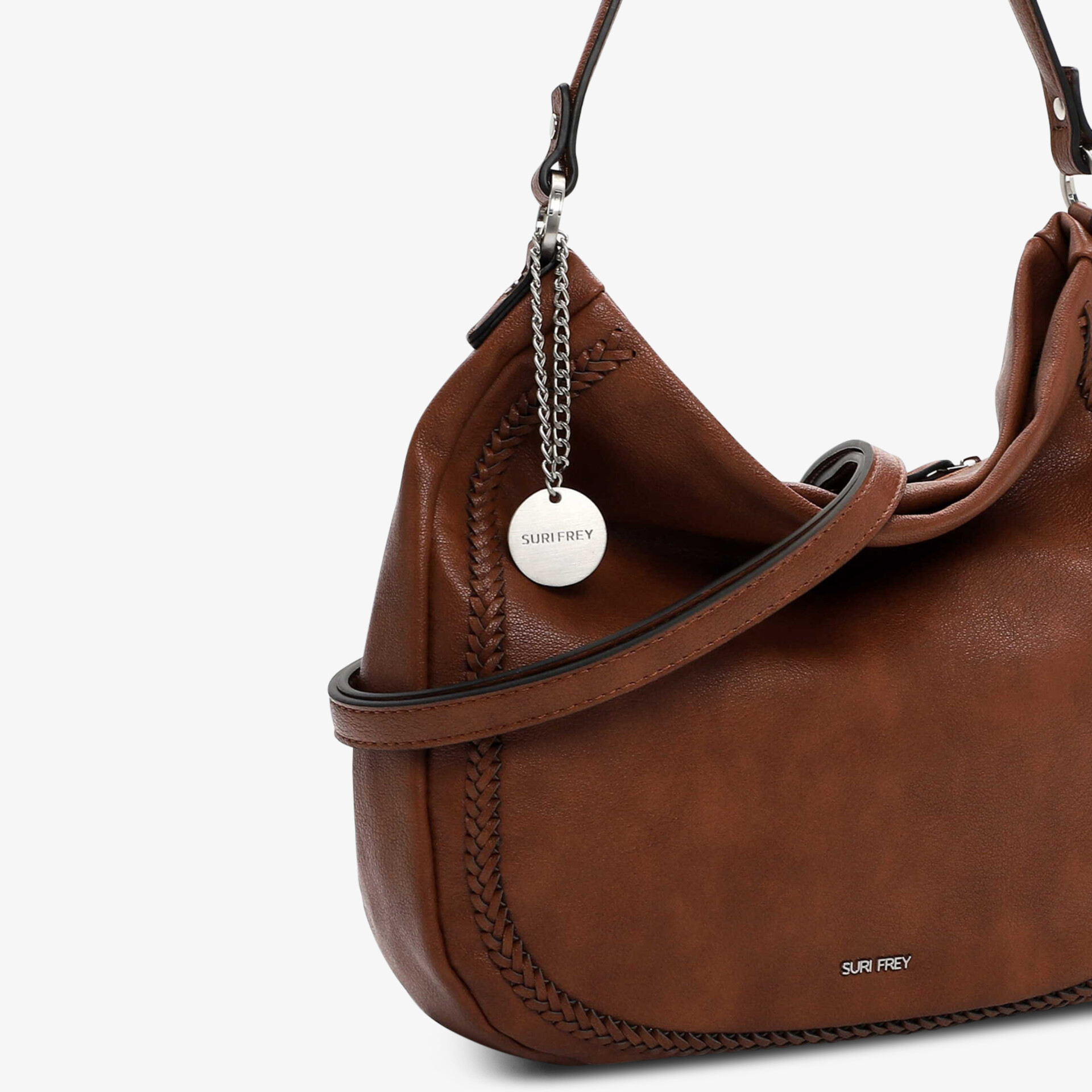 Klassische braune Ledertasche mit feiner Naht und elegantem Anhänger, praktische Größe für den Alltag