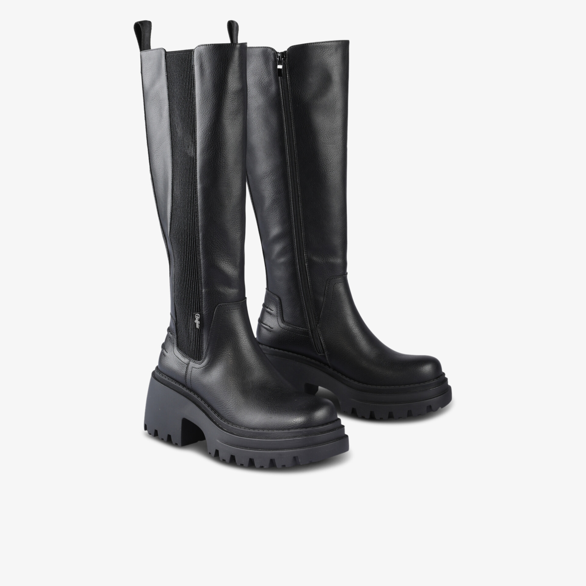 Schwarze kniehohe Stiefel mit robustem Profilabsatz und praktischem Reißverschluss für komfortables Tragen