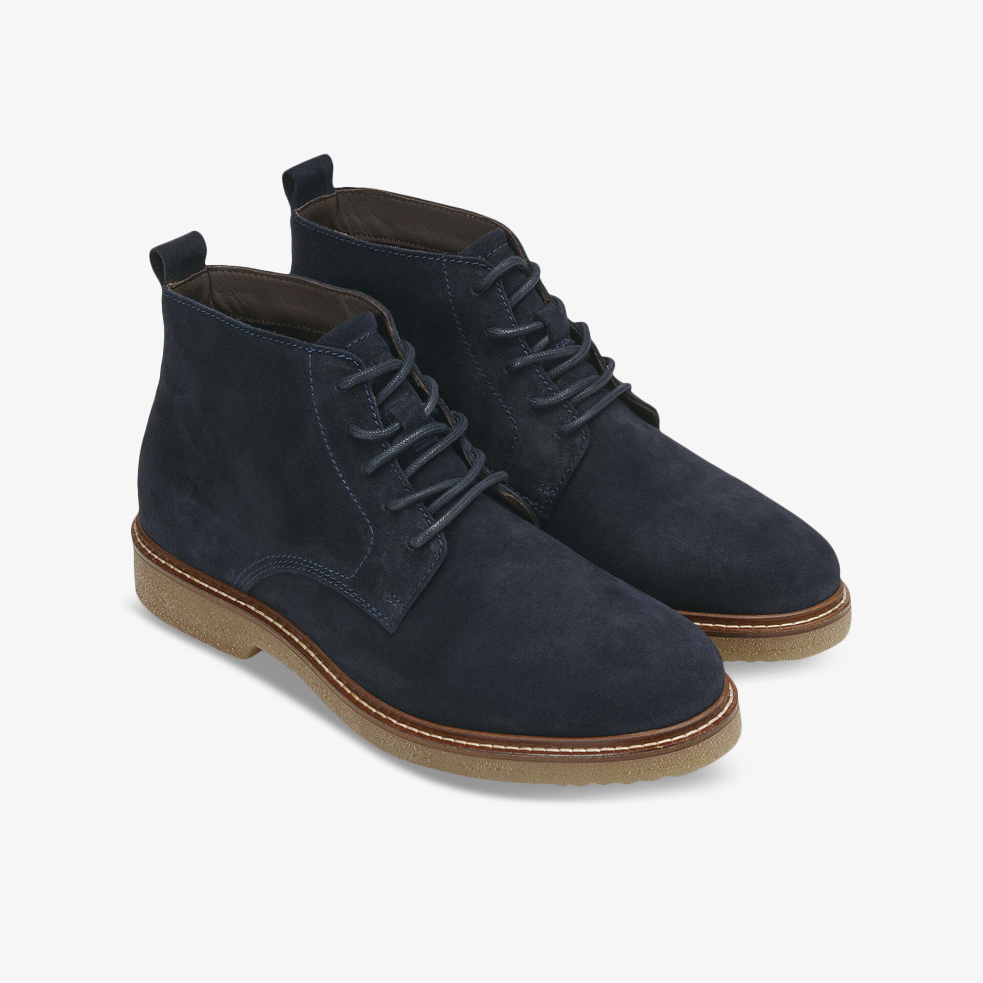 Elegante dunkelblaue Schnürstiefel aus Leder mit brauner Sohle, ideal für stilvolle und komfortable Alltagsoutfits.