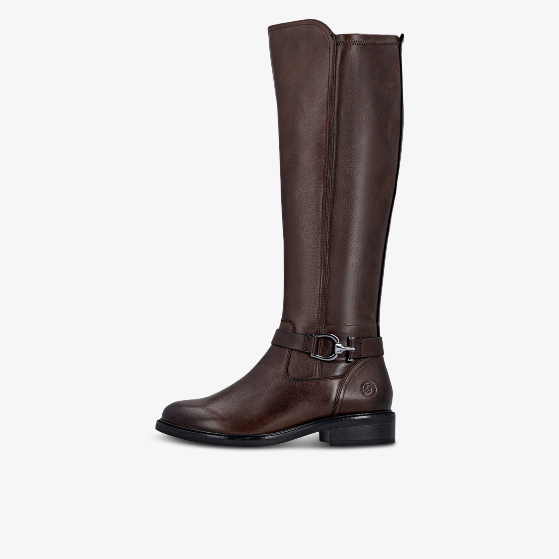 Dunkelbrauner hoher Lederstiefel mit modischem Schnallenriemen und flachem Absatz, elegante Seitenansicht