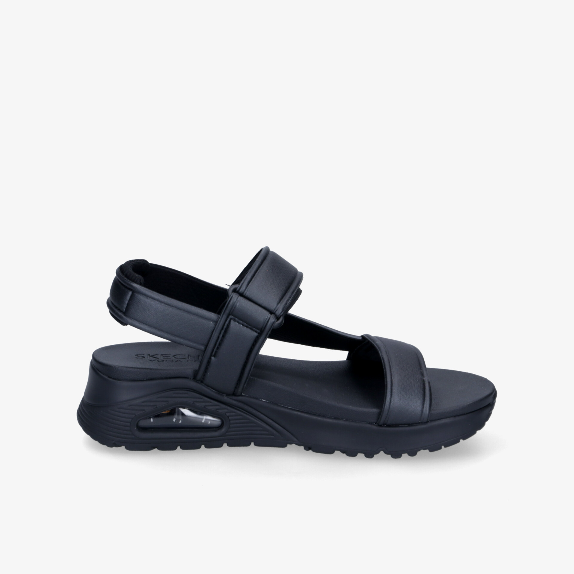 Schwarze Sandale mit verstellbarem Klettverschluss und gepolsterter Sohle, bequem und rutschfest, seitliche Ansicht