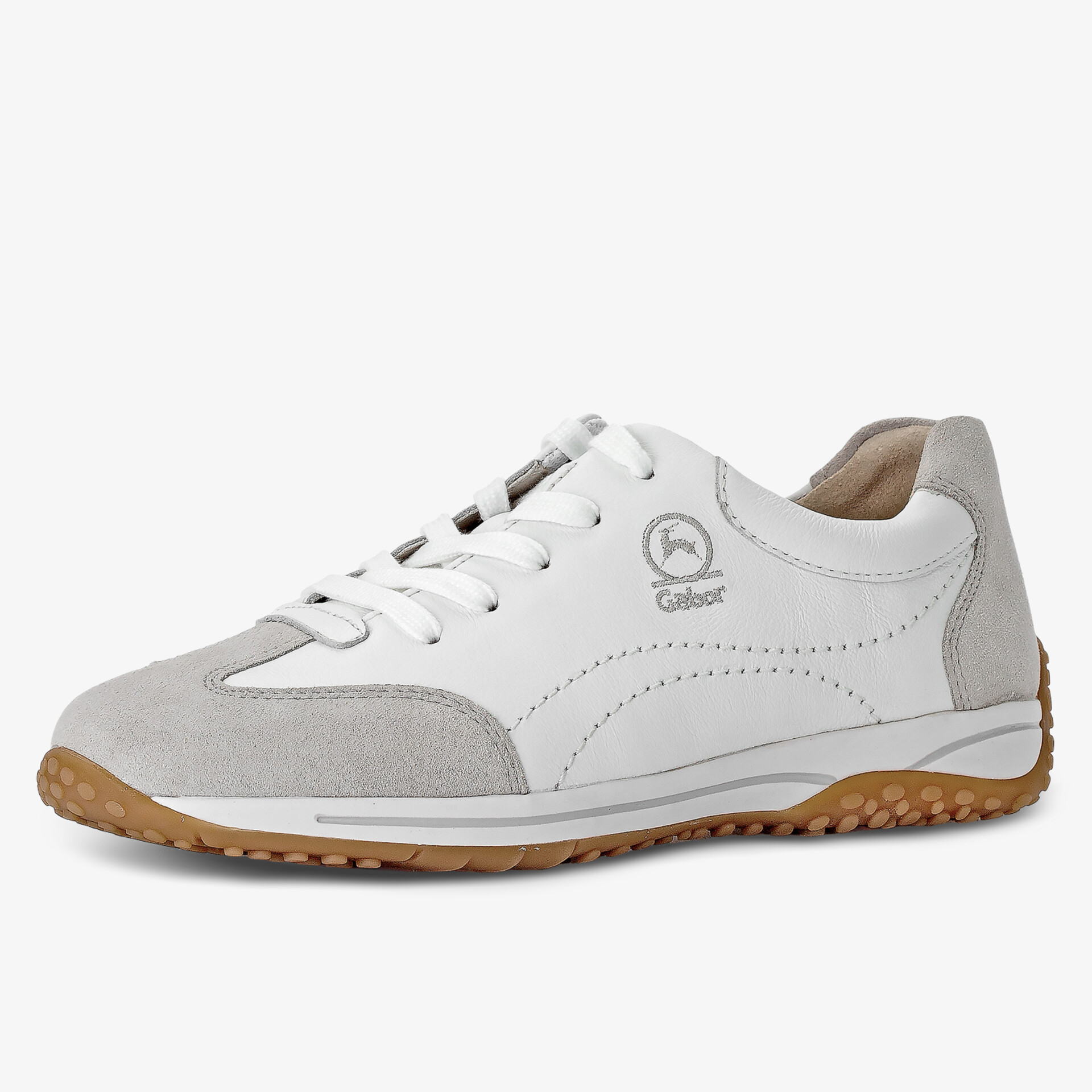 Eleganter weiß-grauer Sneaker mit rutschfester Sohle und bequemem Schnitt.