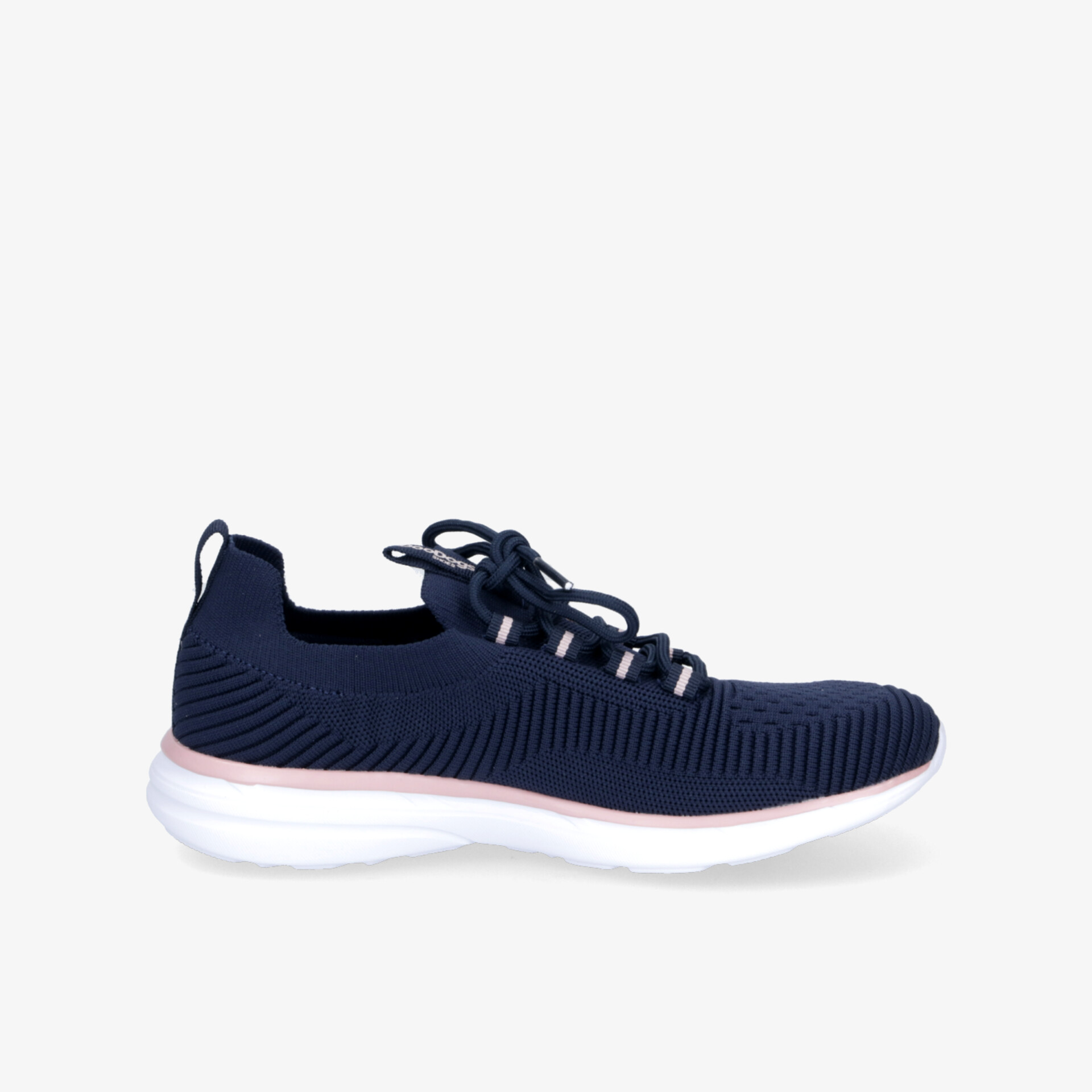 Leichter navyblauer Sportschuh mit flexibler weißer Sohle und atmungsaktivem Material, seitliche Ansicht
