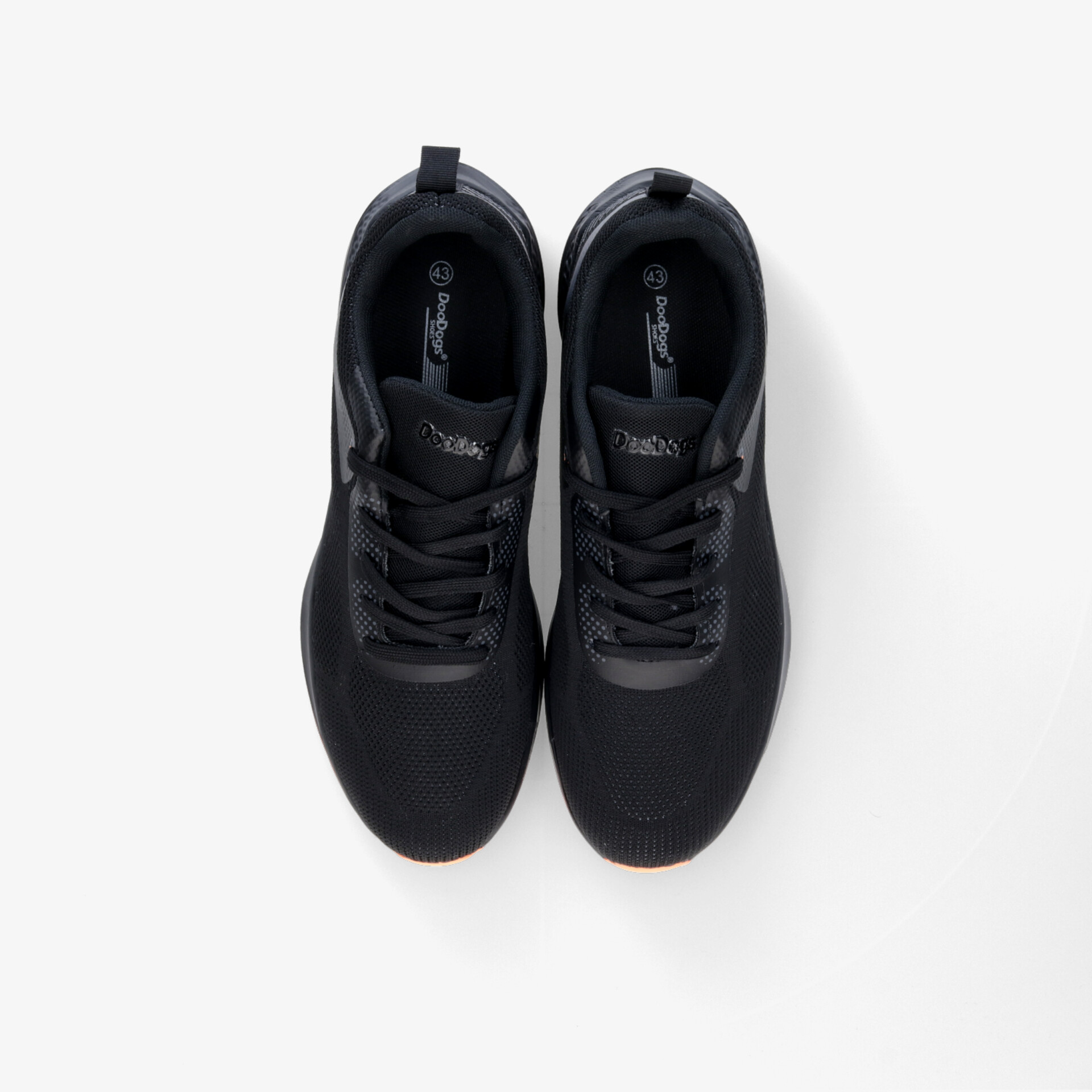 Schwarze Sportschuhe in Draufsicht, leichte und bequeme Schuhe mit schnürbarem Design und rutschfester Sohle