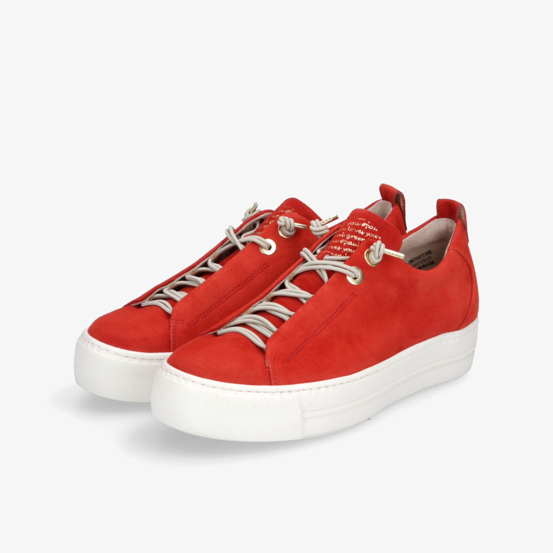 Roter Wildleder-Sneaker mit weißer dicker Sohle und silbernen Details, modern und bequem für den Alltag.
