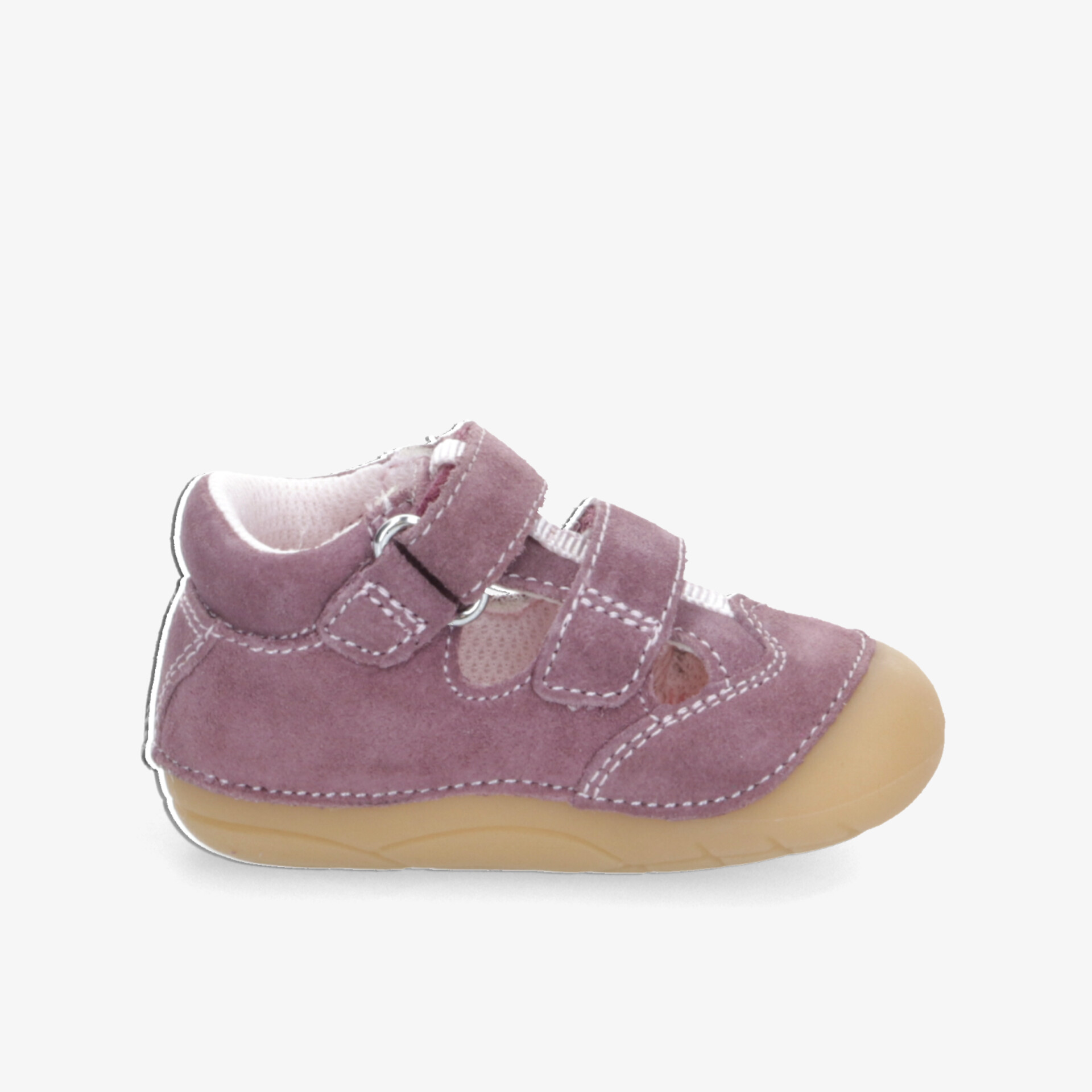 Veloursleder Kinderschuh mit flexibler Ledersohle und zwei Klettverschlüssen für leichten Verschluss und sicheren Halt