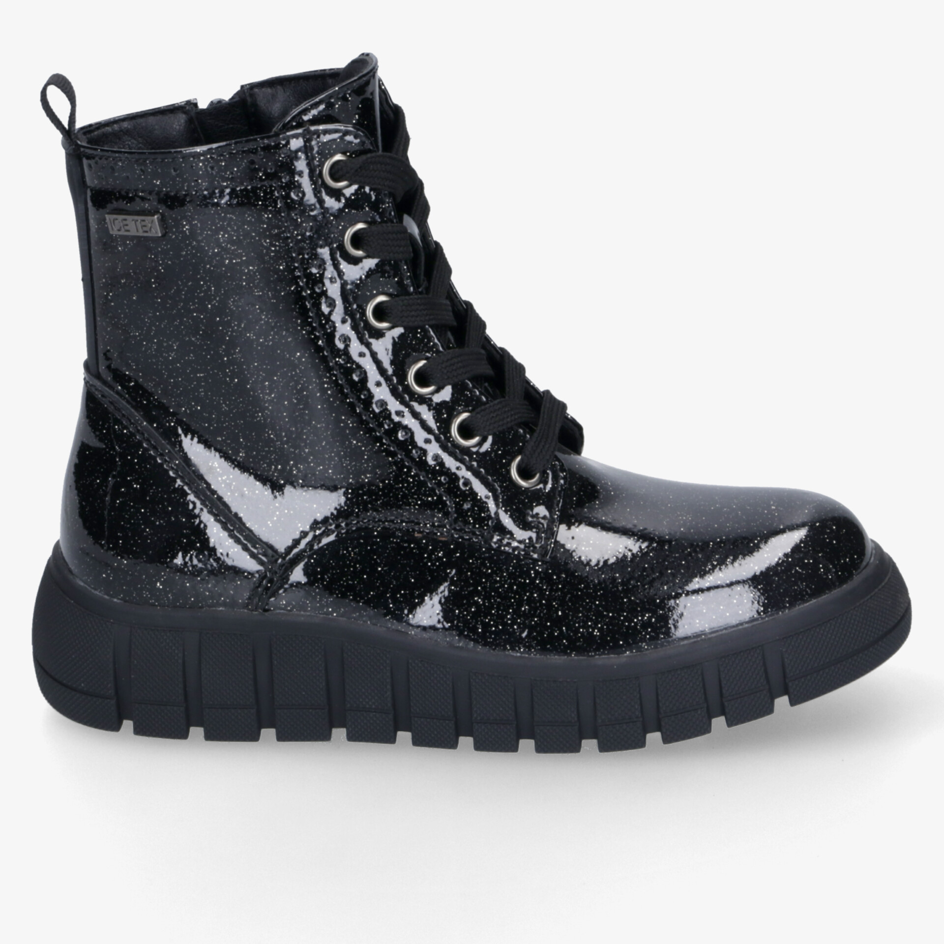 Schwarzer Glitzer-Stiefel seitliche Ansicht mit Schnürung, praktischem Reißverschluss und robuster, bequemer Sohle