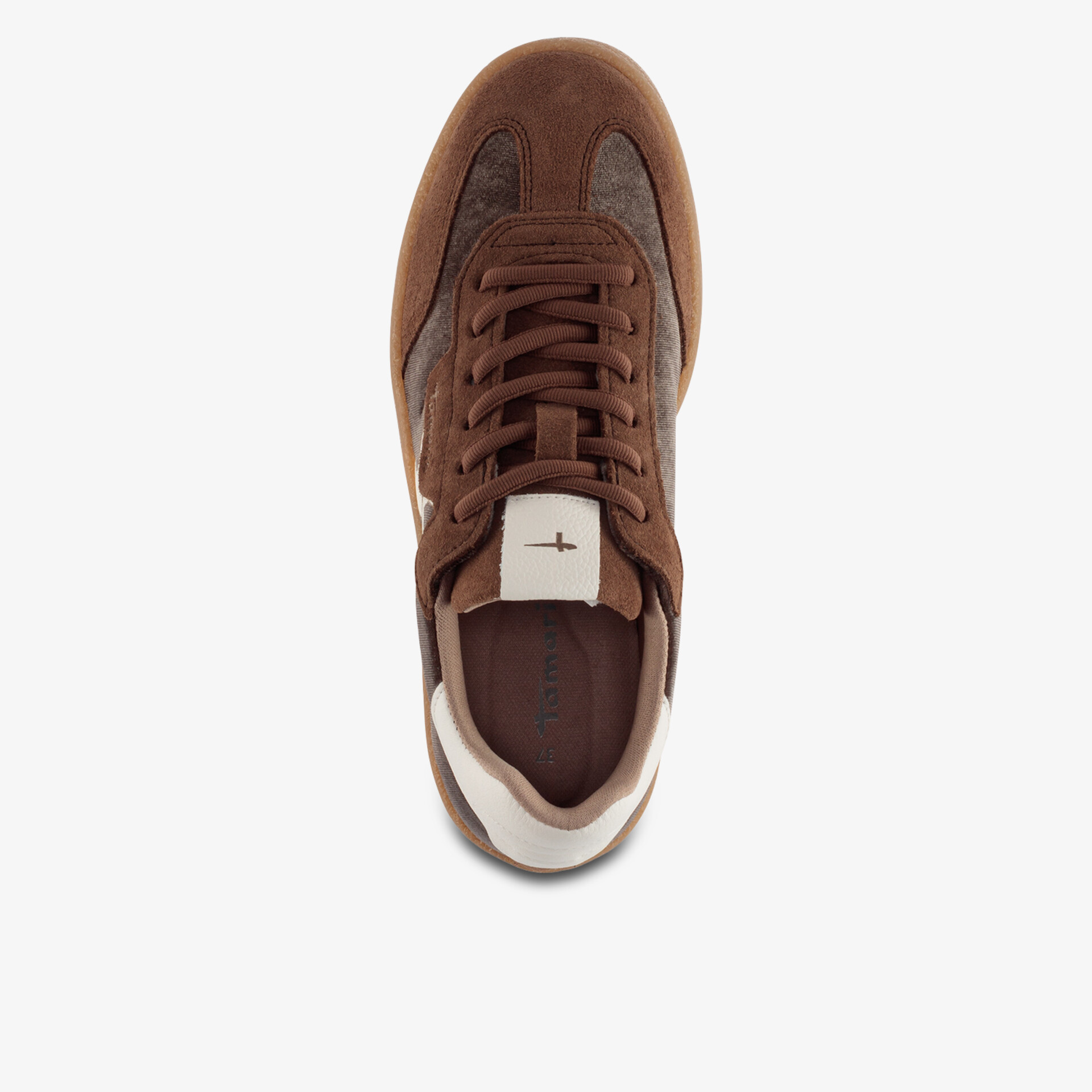 Brauner Sneaker aus Leder mit Schnürsenkeln und bequemem Fußbett in Draufsicht