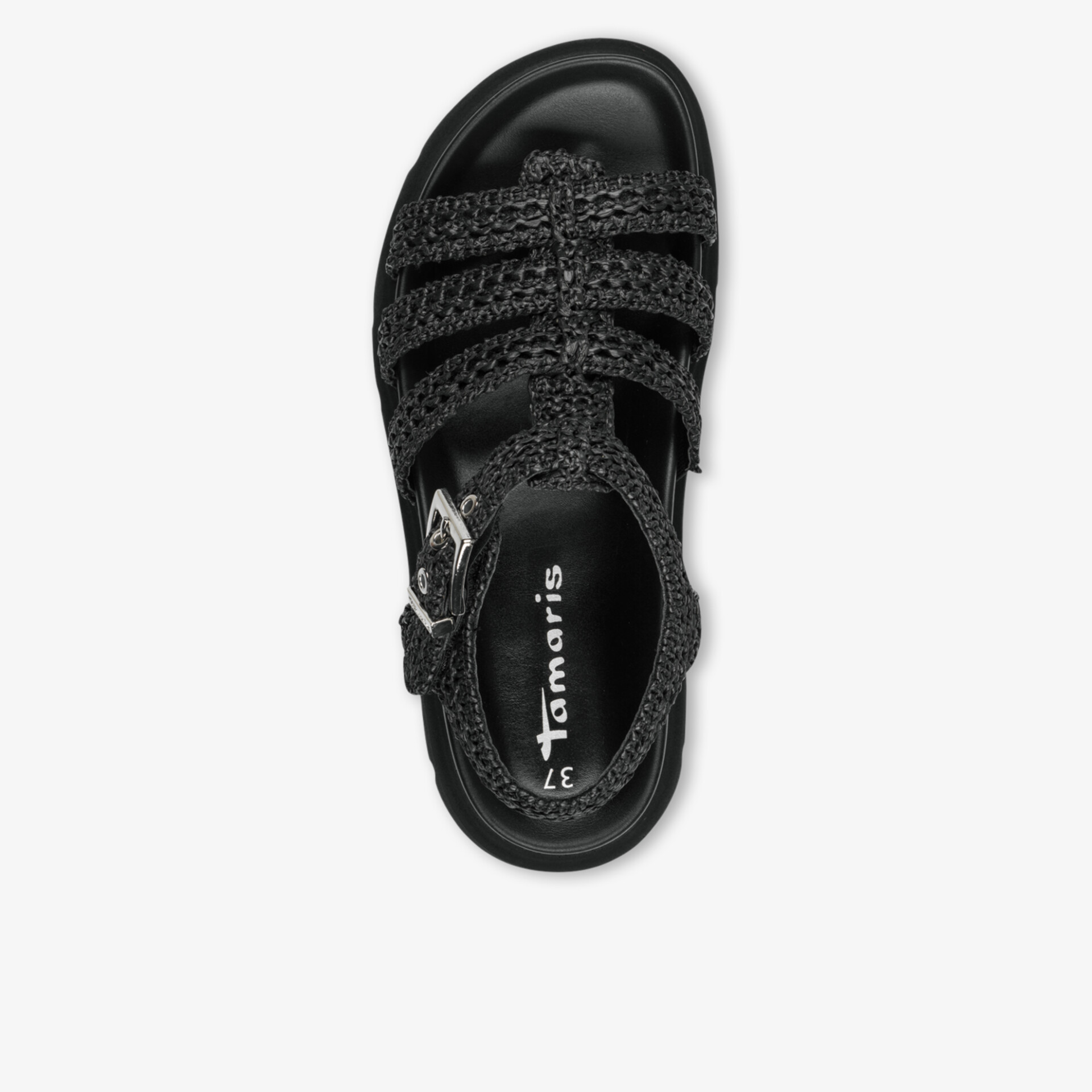 Modische schwarze Sandale mit robustem, rutschfestem Design und verstellbarem Verschluss.