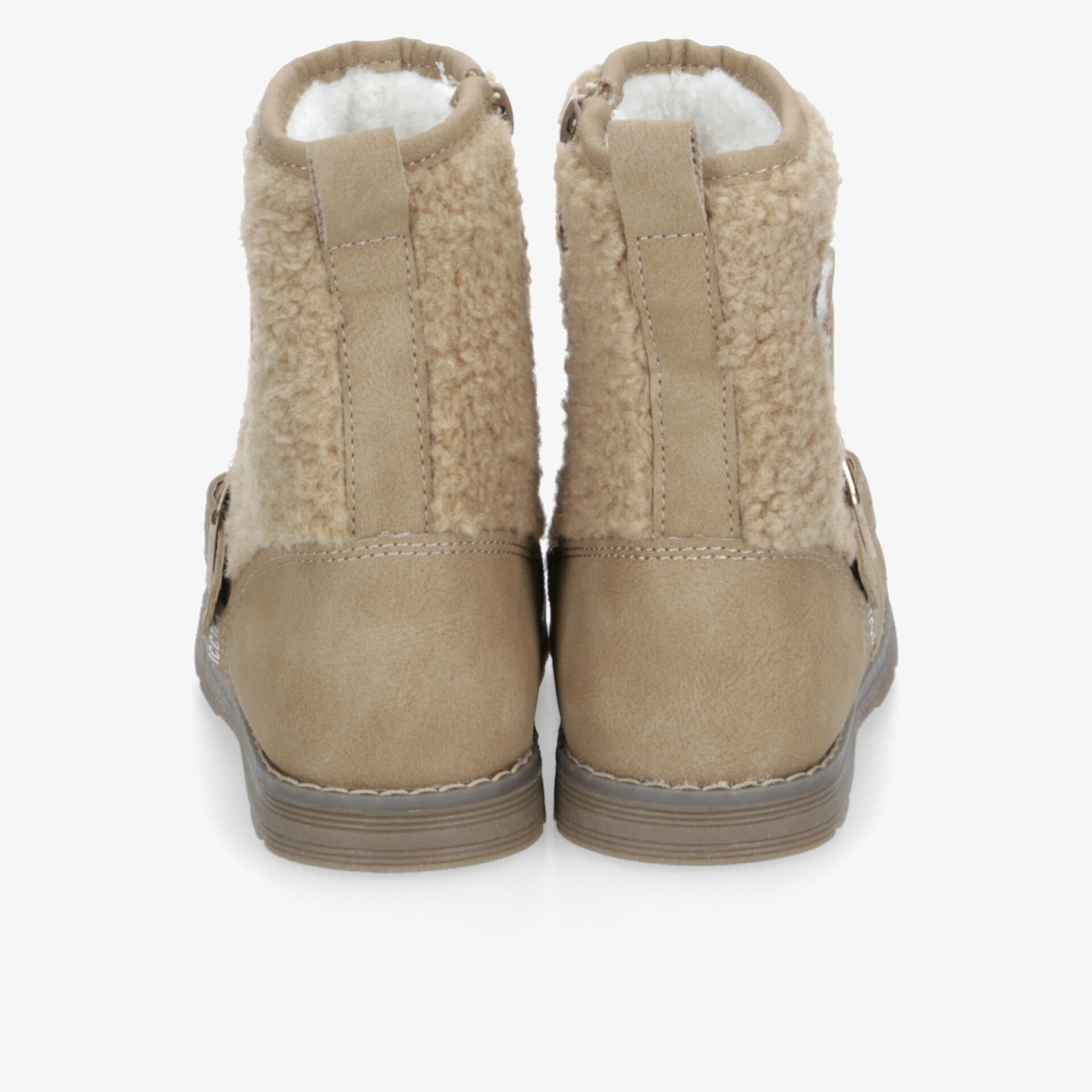 Warme beige Stiefeletten mit weichem Innenfutter und rutschfester Sohle, Rückansicht zeigt robusten Absatz