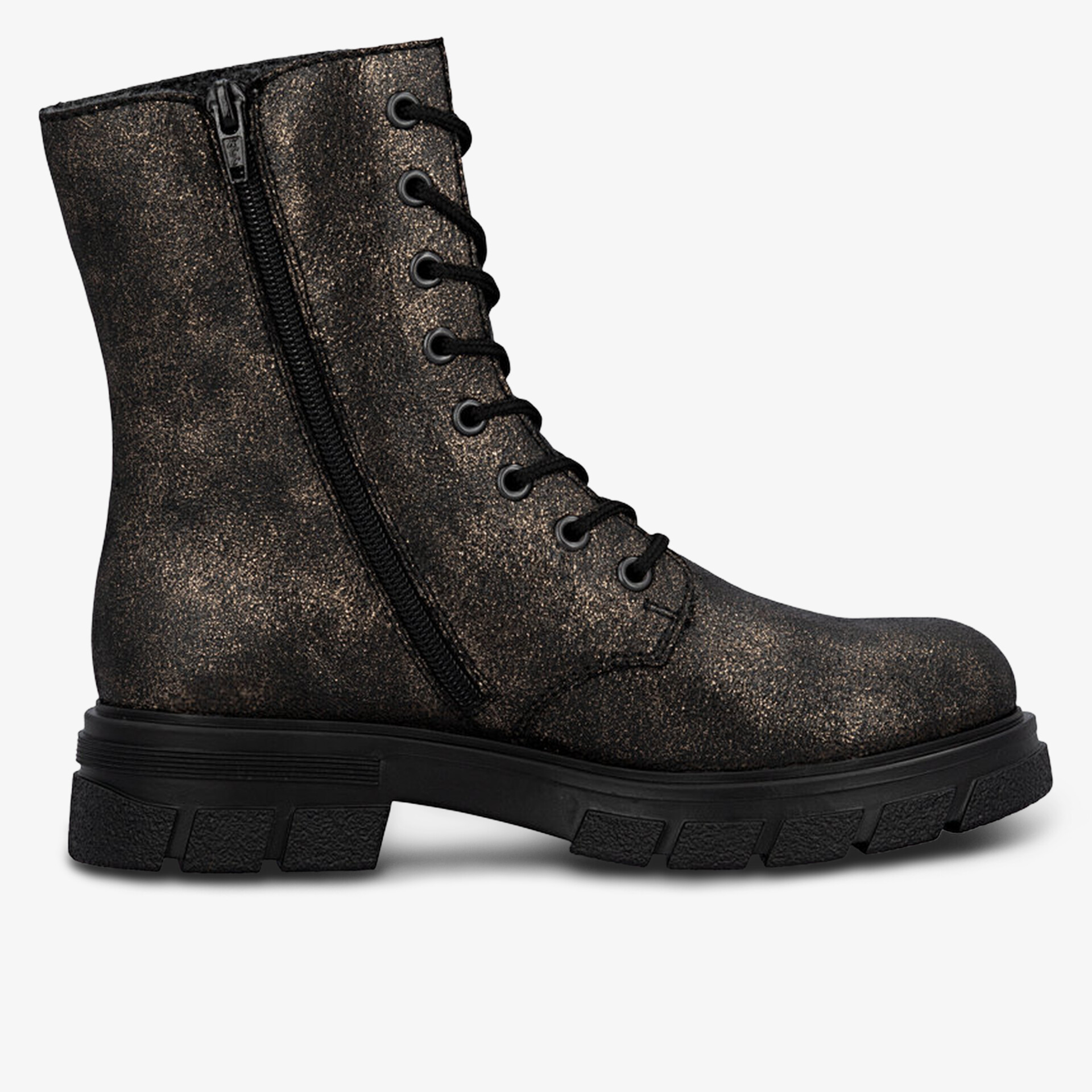 Robuster Schnürstiefel mit seitlichem Reißverschluss und profilierter Sohle in metallischem Look