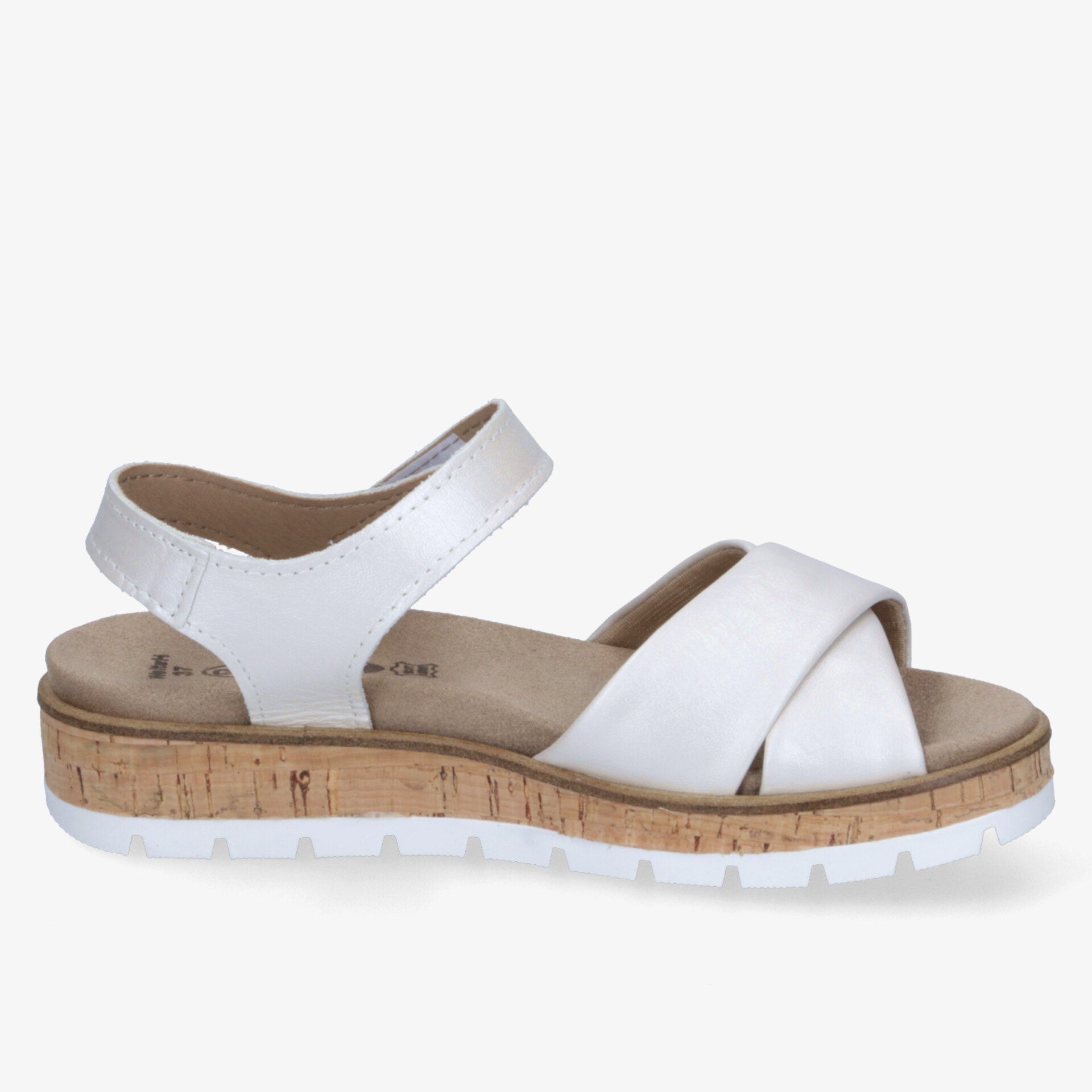 Weißer Sandalenschuh mit verstellbarem Riemen und bequemer, leichter Sohle in klarer Seitenansicht