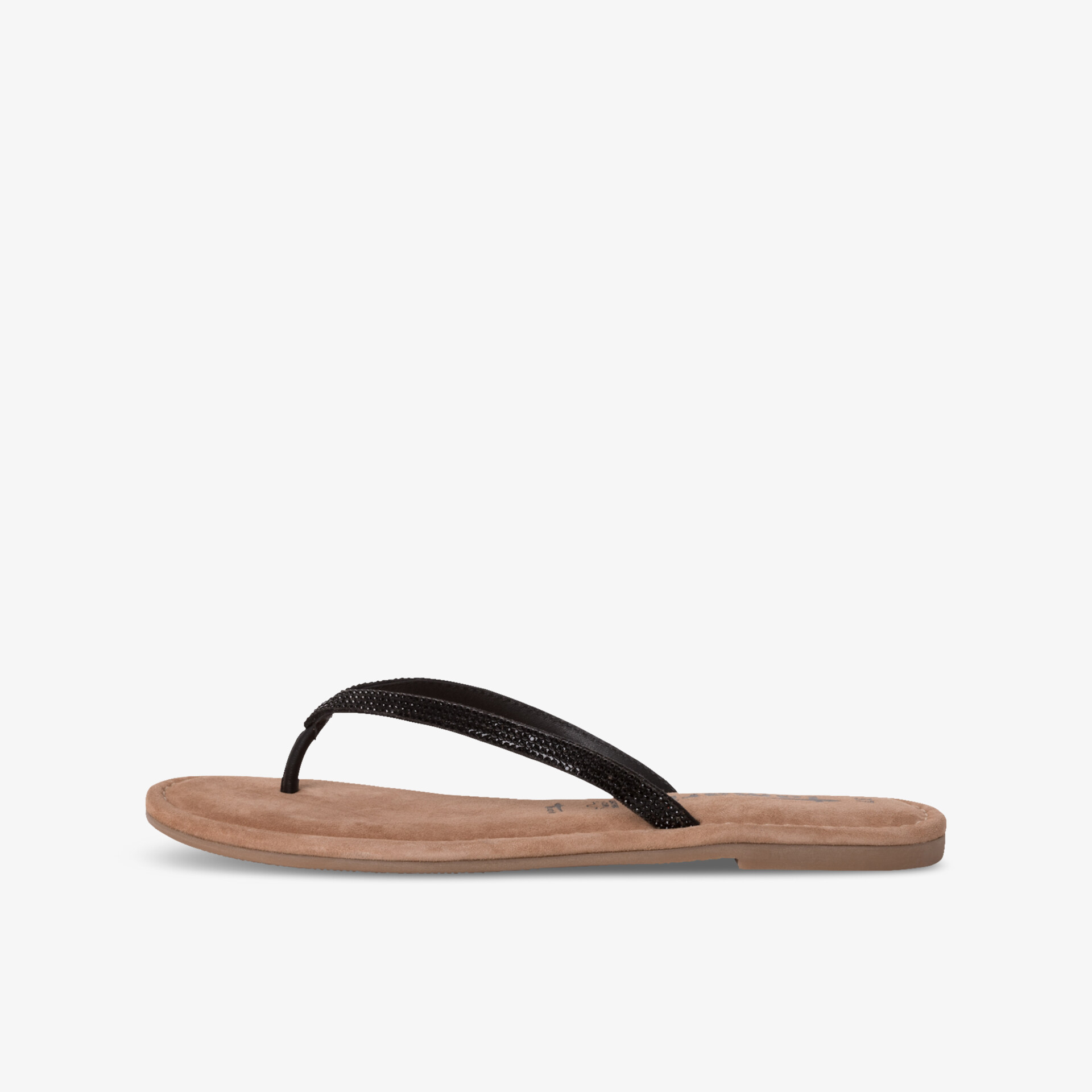 Seitliche Ansicht eines braunen Flipflops mit dünner Sohle und praktischem Zehensteg, leicht und bequem