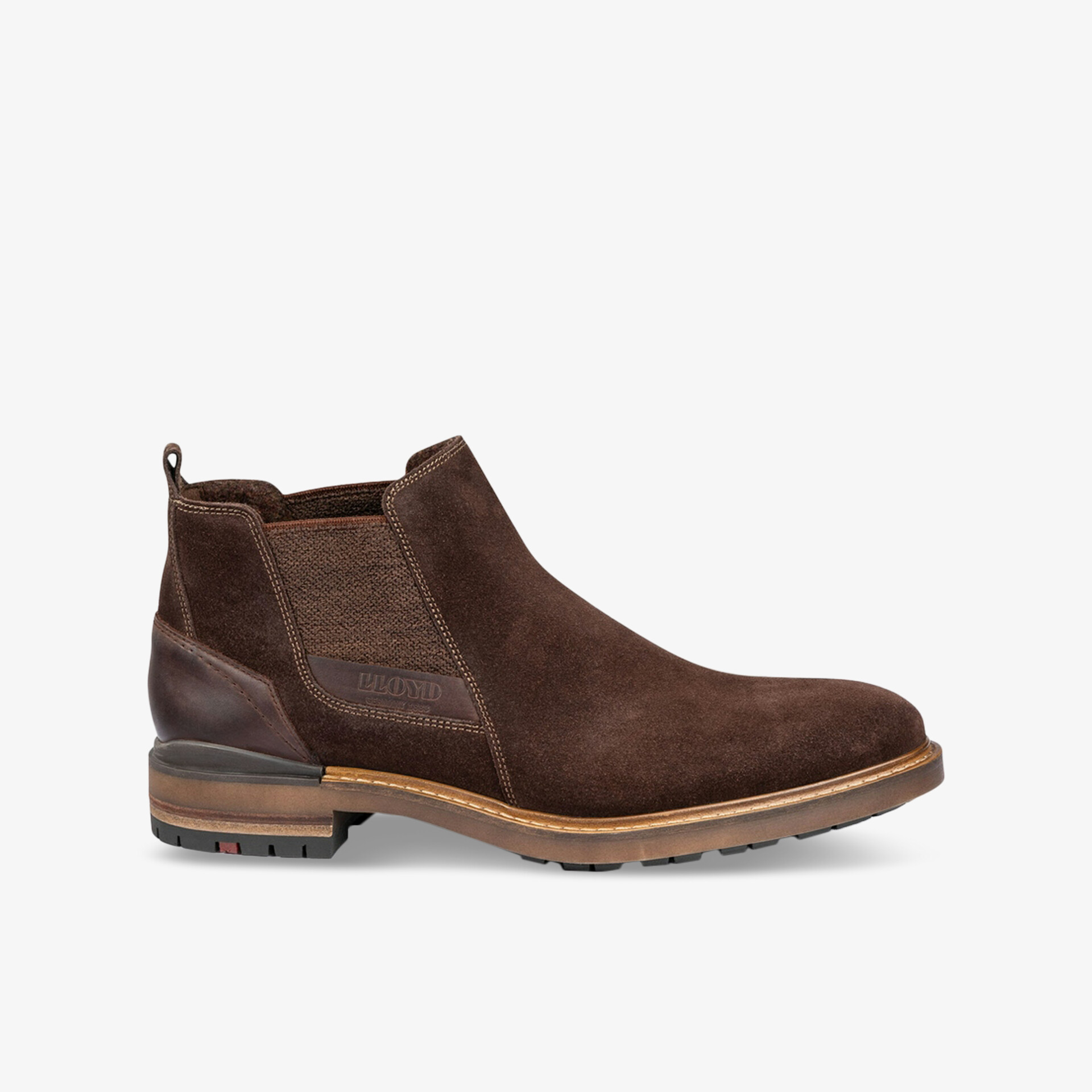 Brauner Chelsea Boot aus Wildleder mit elastischem Einsatz, robustem Absatz und rutschfester Sohle, seitliche Ansicht